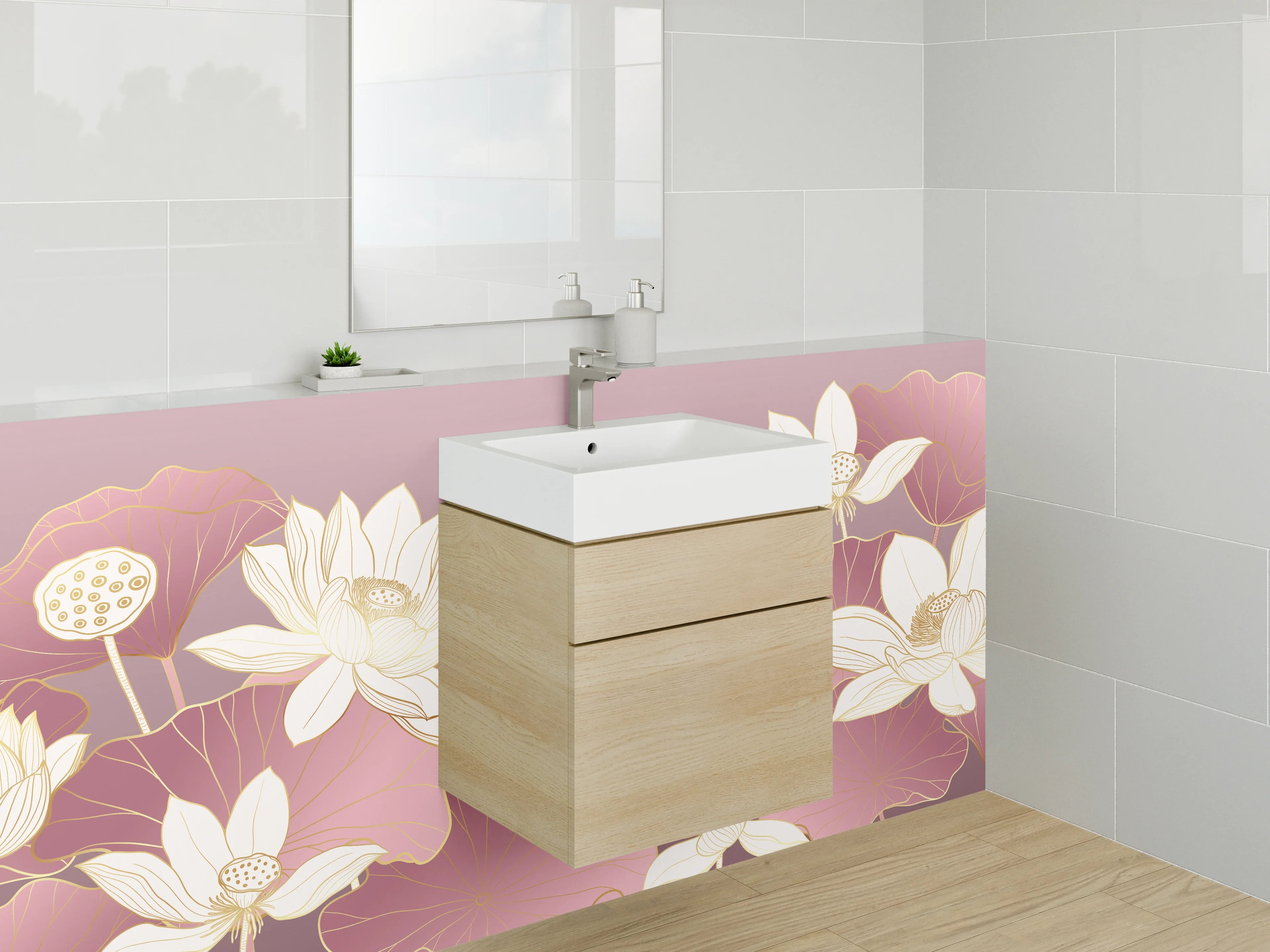 Waschbecken-Rückwand - Lotusblüten in zartem Rosa-Gold