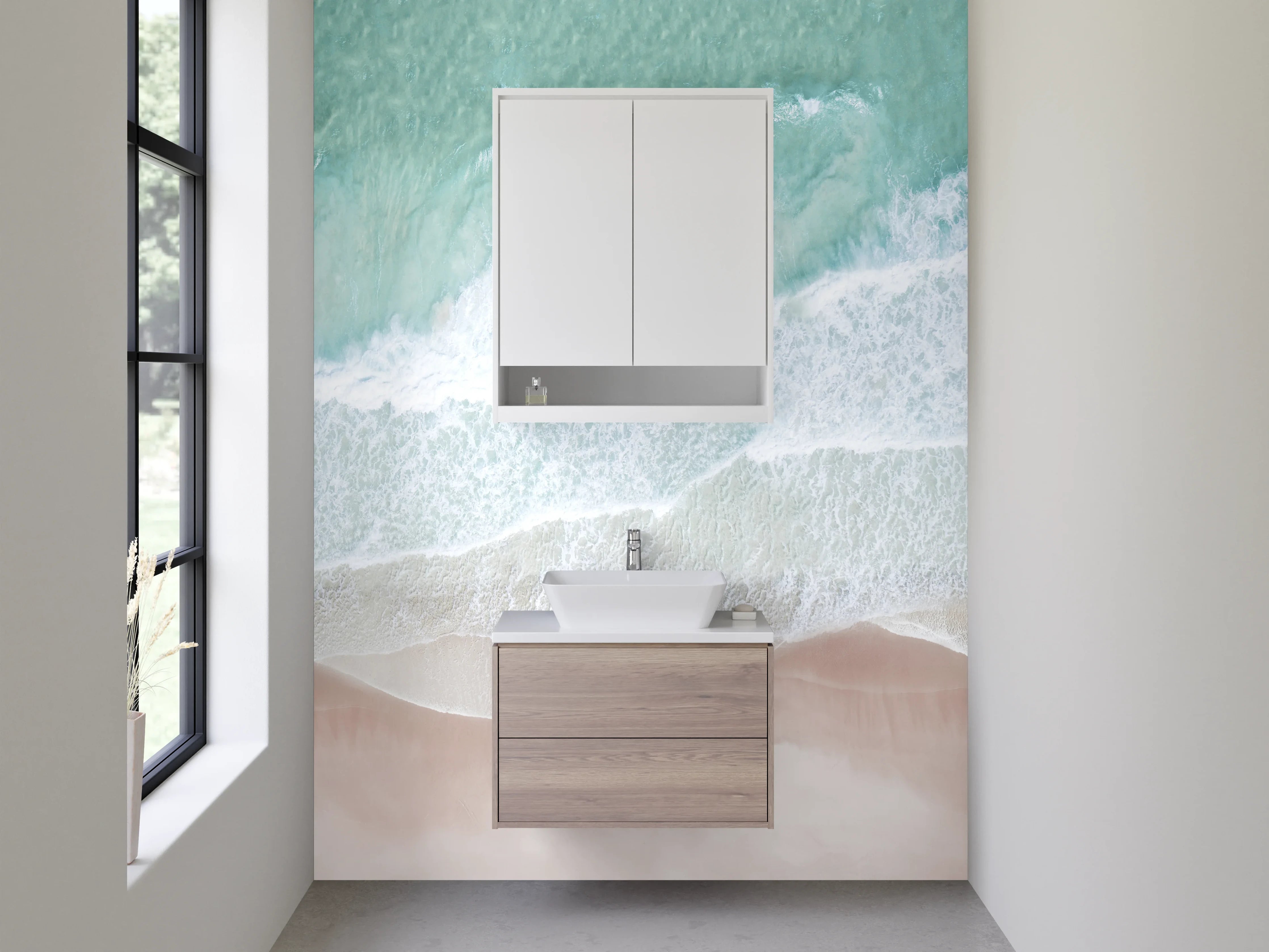 Waschbecken-Rückwand - Luftaufnahme Küste: Türkis, Weiß, Beige