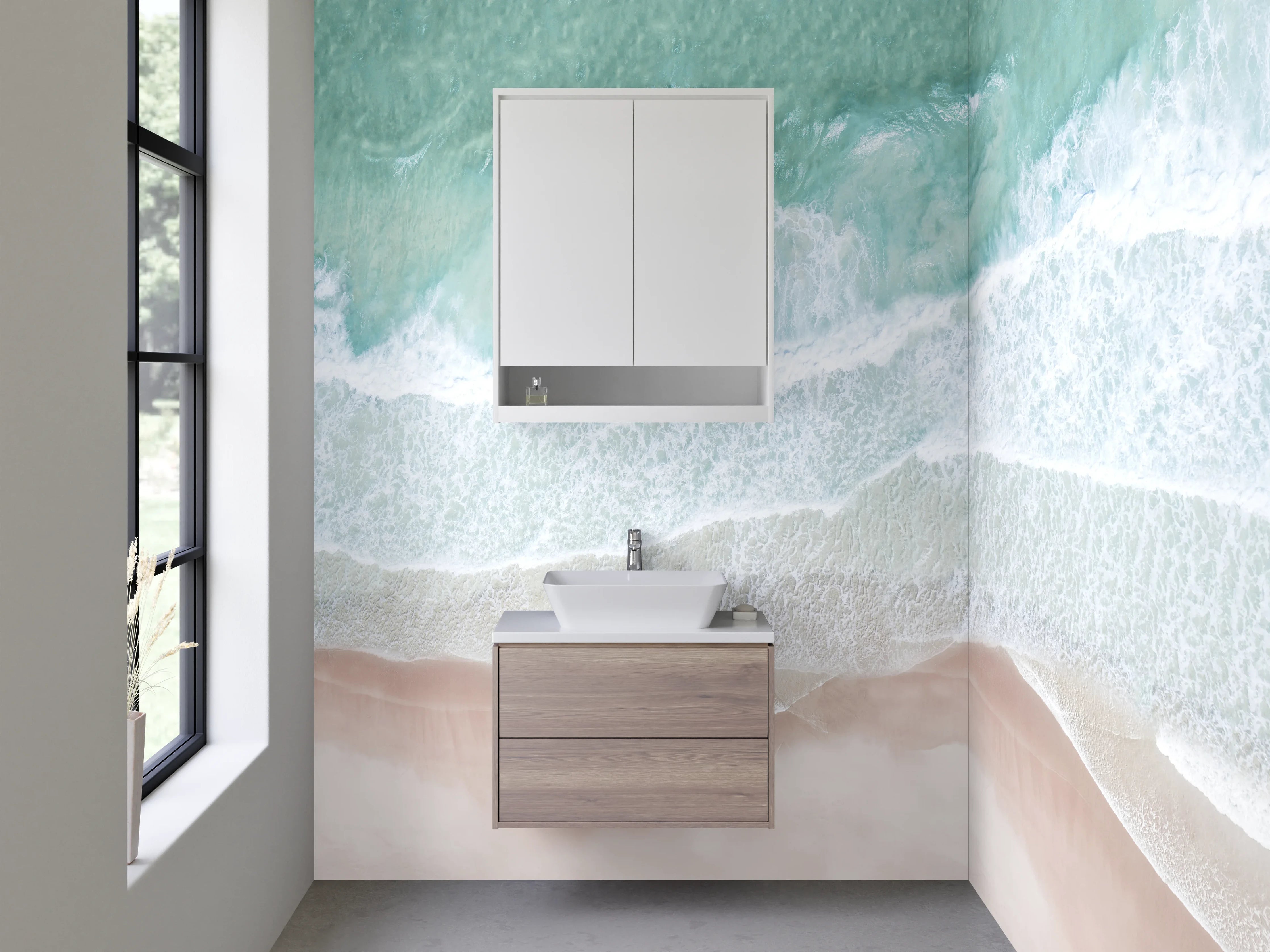 Waschbecken-Rückwand - Luftaufnahme Küste: Türkis, Weiß, Beige