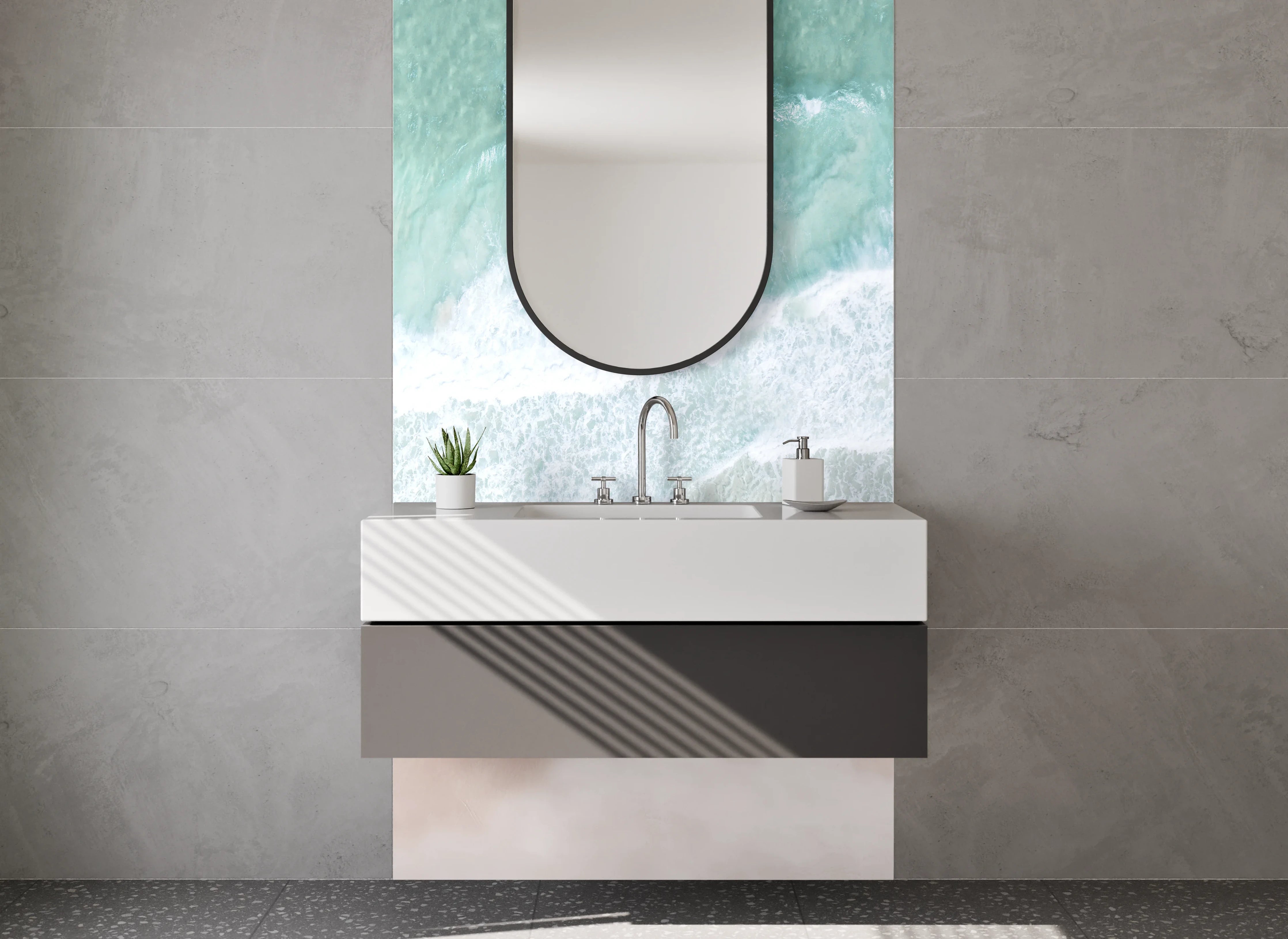 Waschbecken-Rückwand - Luftaufnahme Küste: Türkis, Weiß, Beige