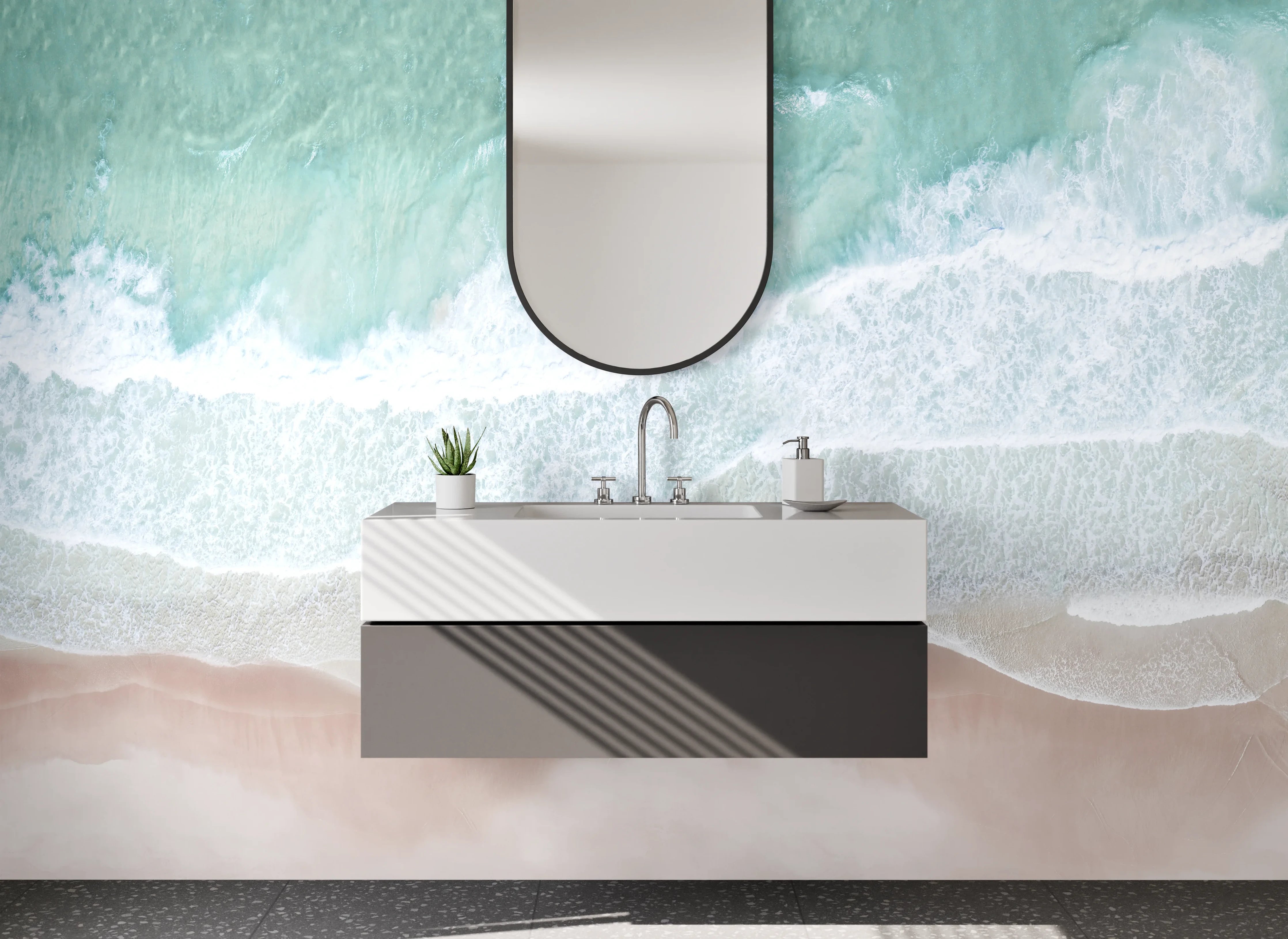 Waschbecken-Rückwand - Luftaufnahme Küste: Türkis, Weiß, Beige