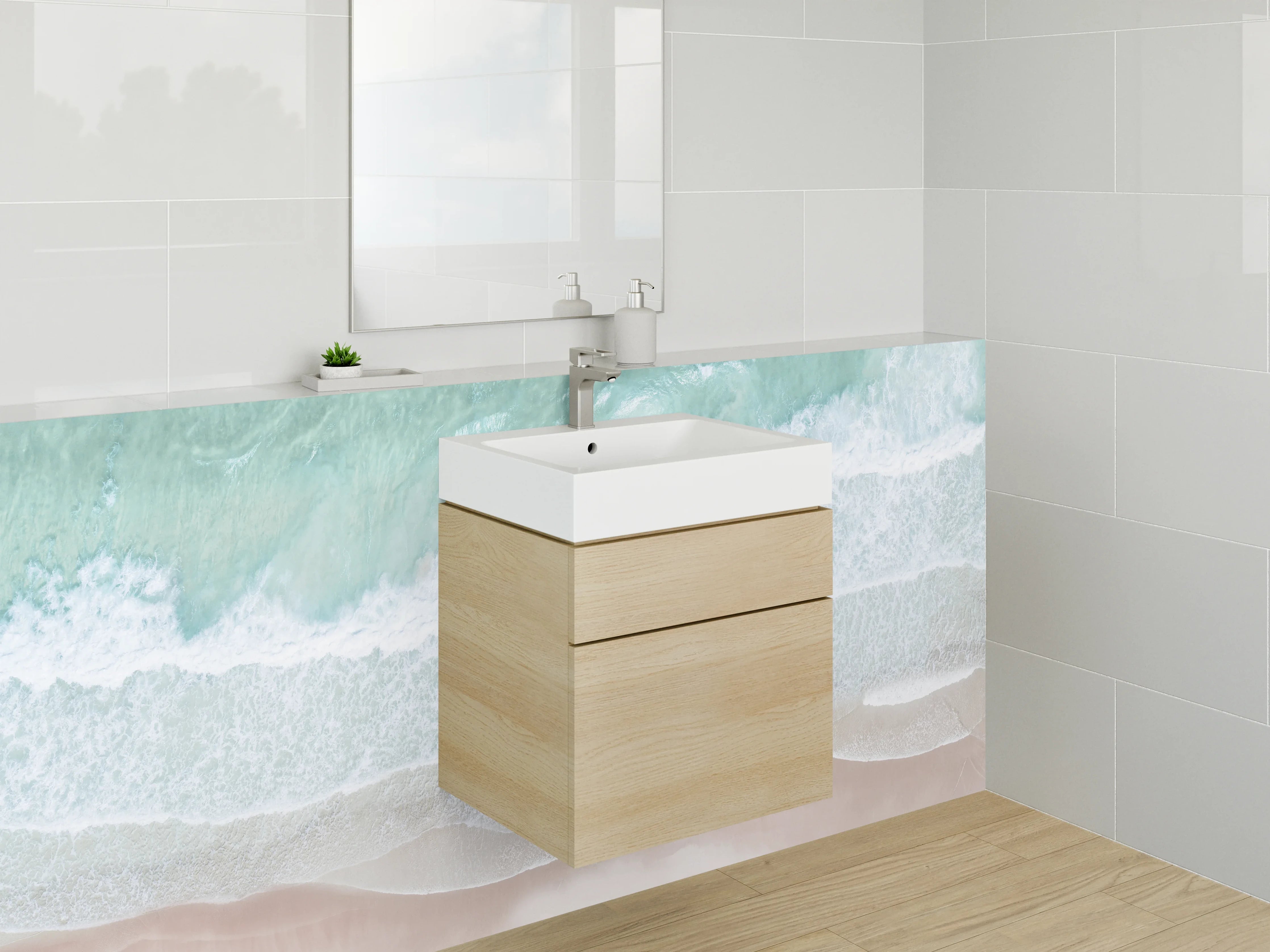 Waschbecken-Rückwand - Luftaufnahme Küste: Türkis, Weiß, Beige