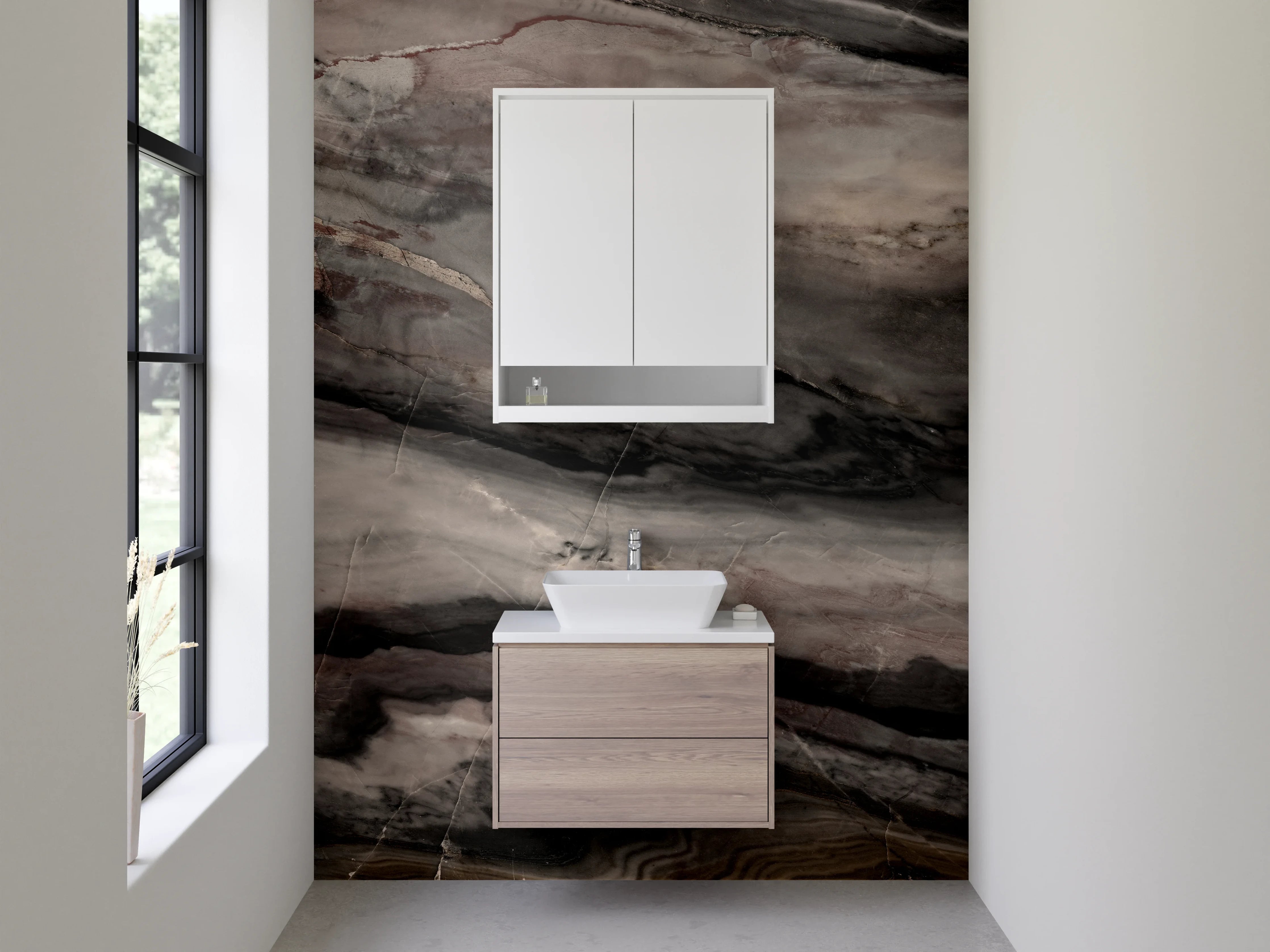 Waschbecken-Rückwand - Luxuriöse Marmoroptik in Braun und Grau