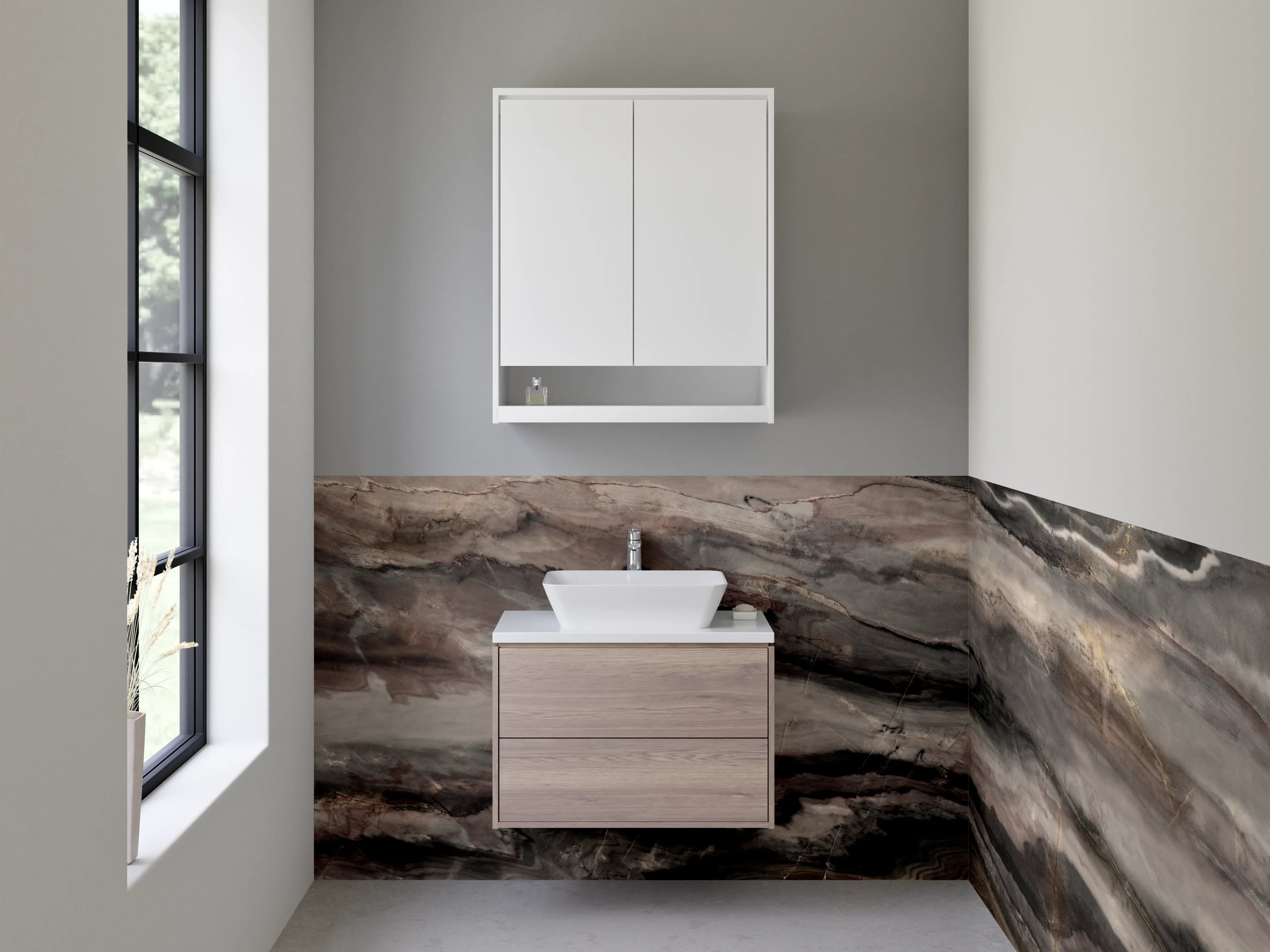 Waschbecken-Rückwand - Luxuriöse Marmoroptik in Braun und Grau