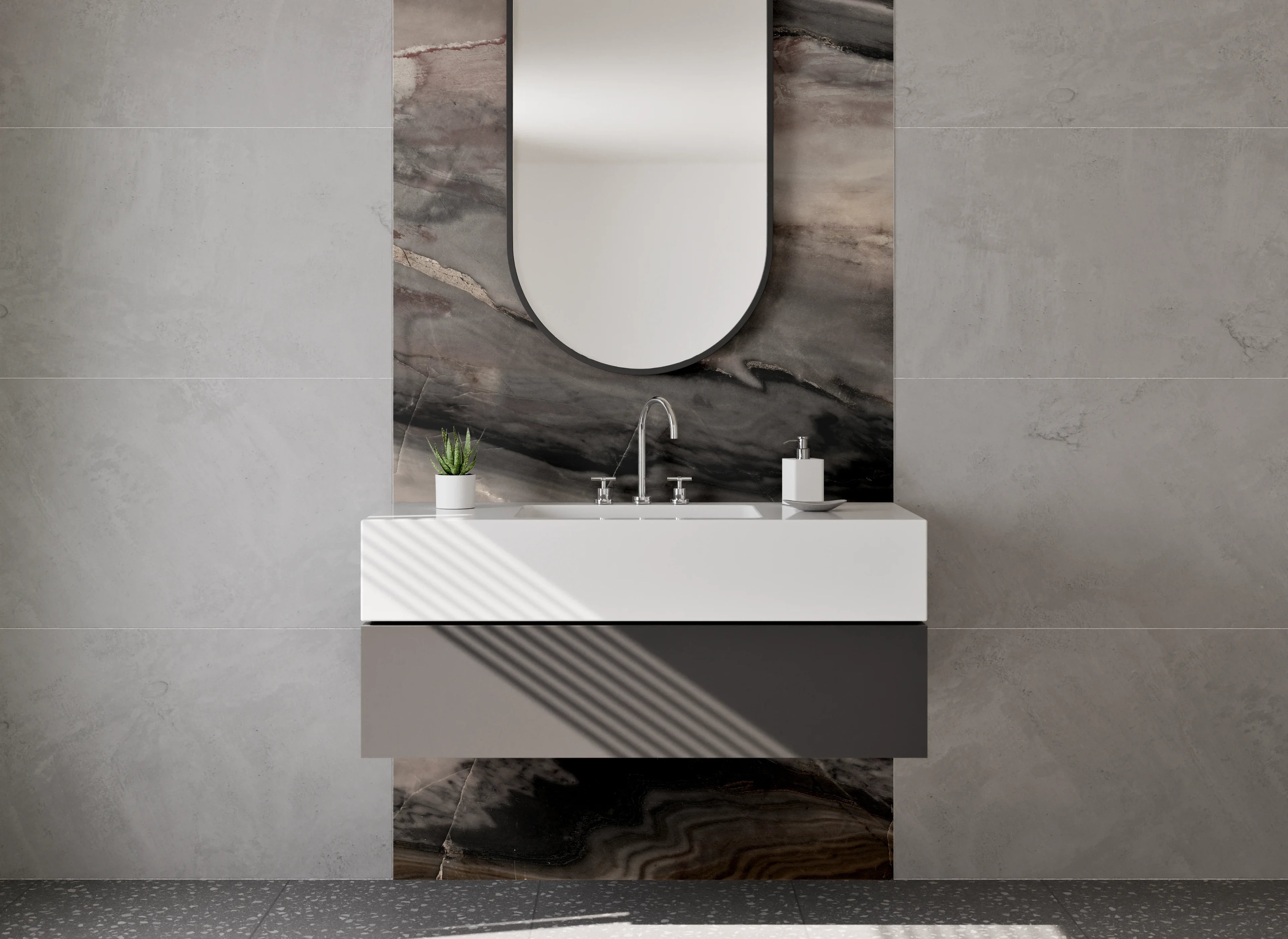 Waschbecken-Rückwand - Luxuriöse Marmoroptik in Braun und Grau