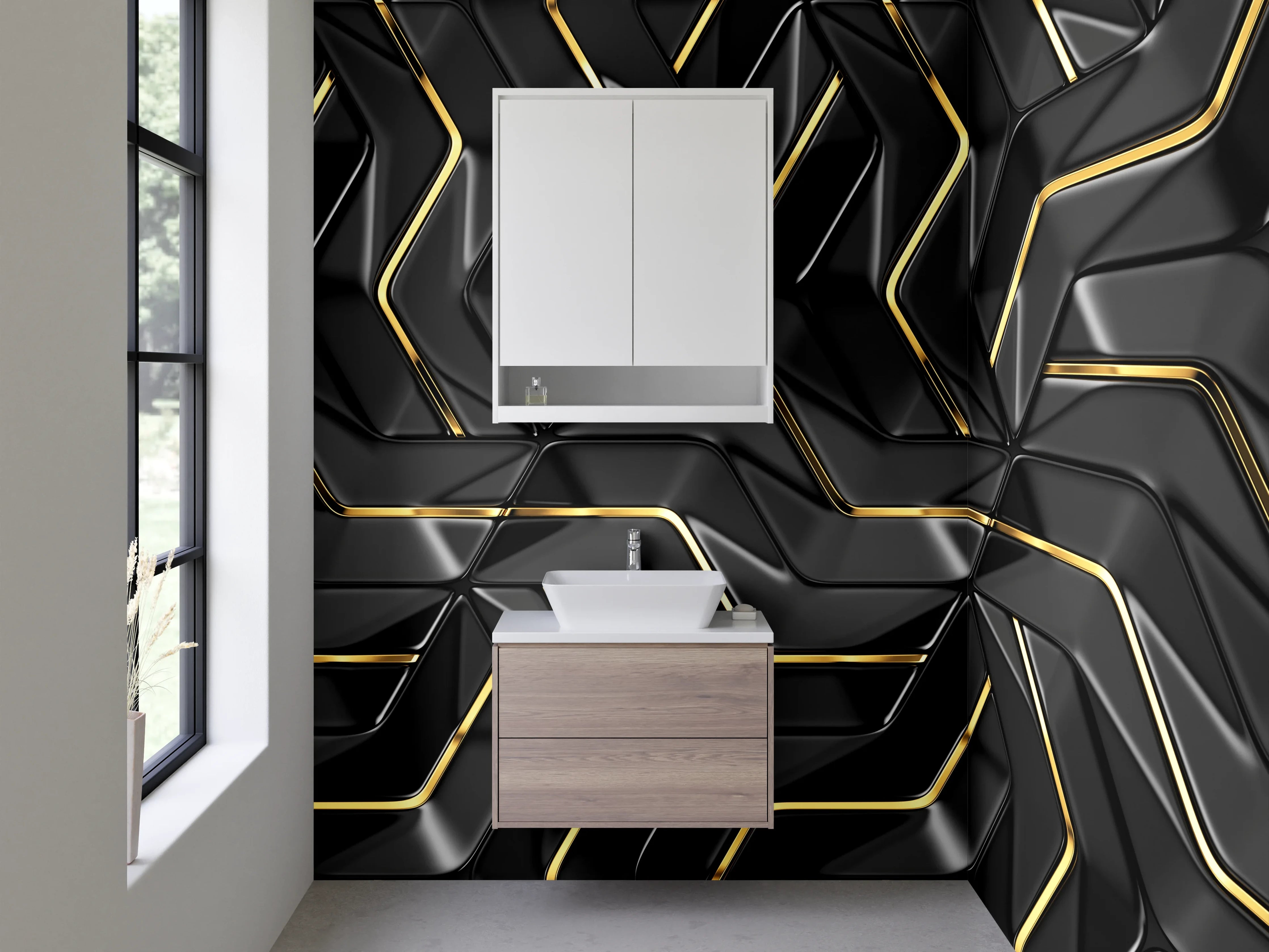 Waschbecken-Rückwand - Luxuriöses 3D-Design Schwarz Gold