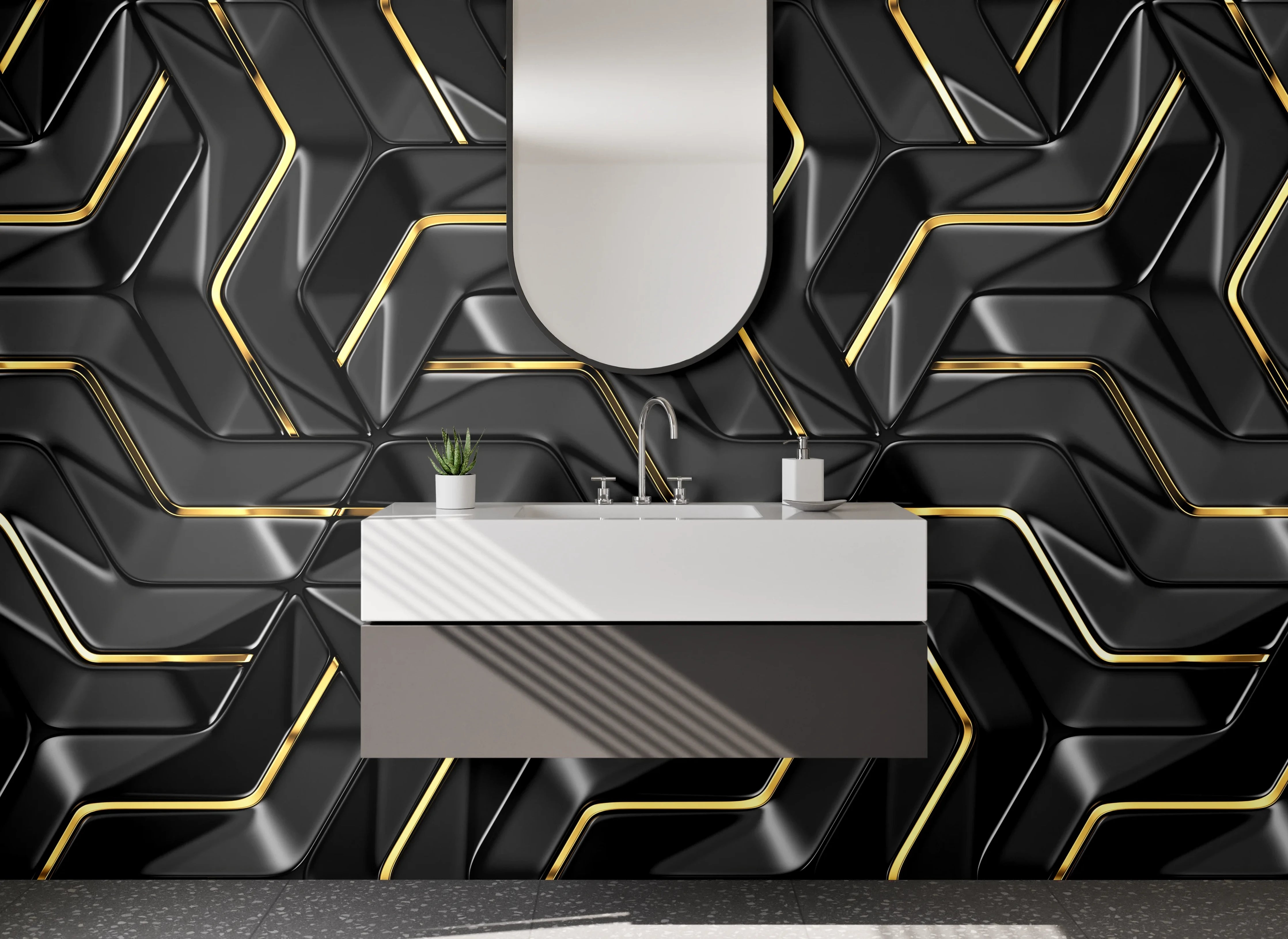 Waschbecken-Rückwand - Luxuriöses 3D-Design Schwarz Gold