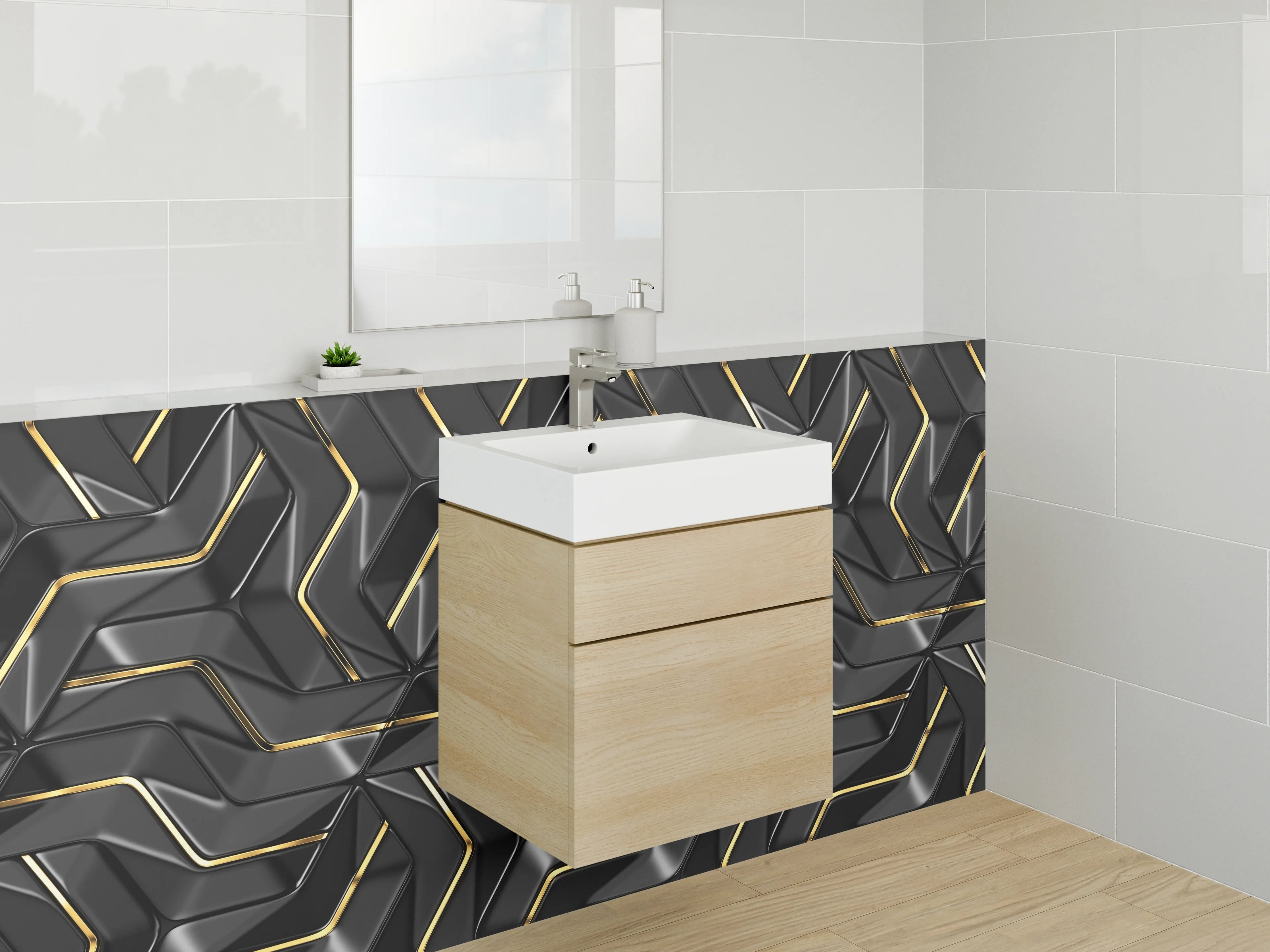 Waschbecken-Rückwand - Luxuriöses 3D-Design Schwarz Gold