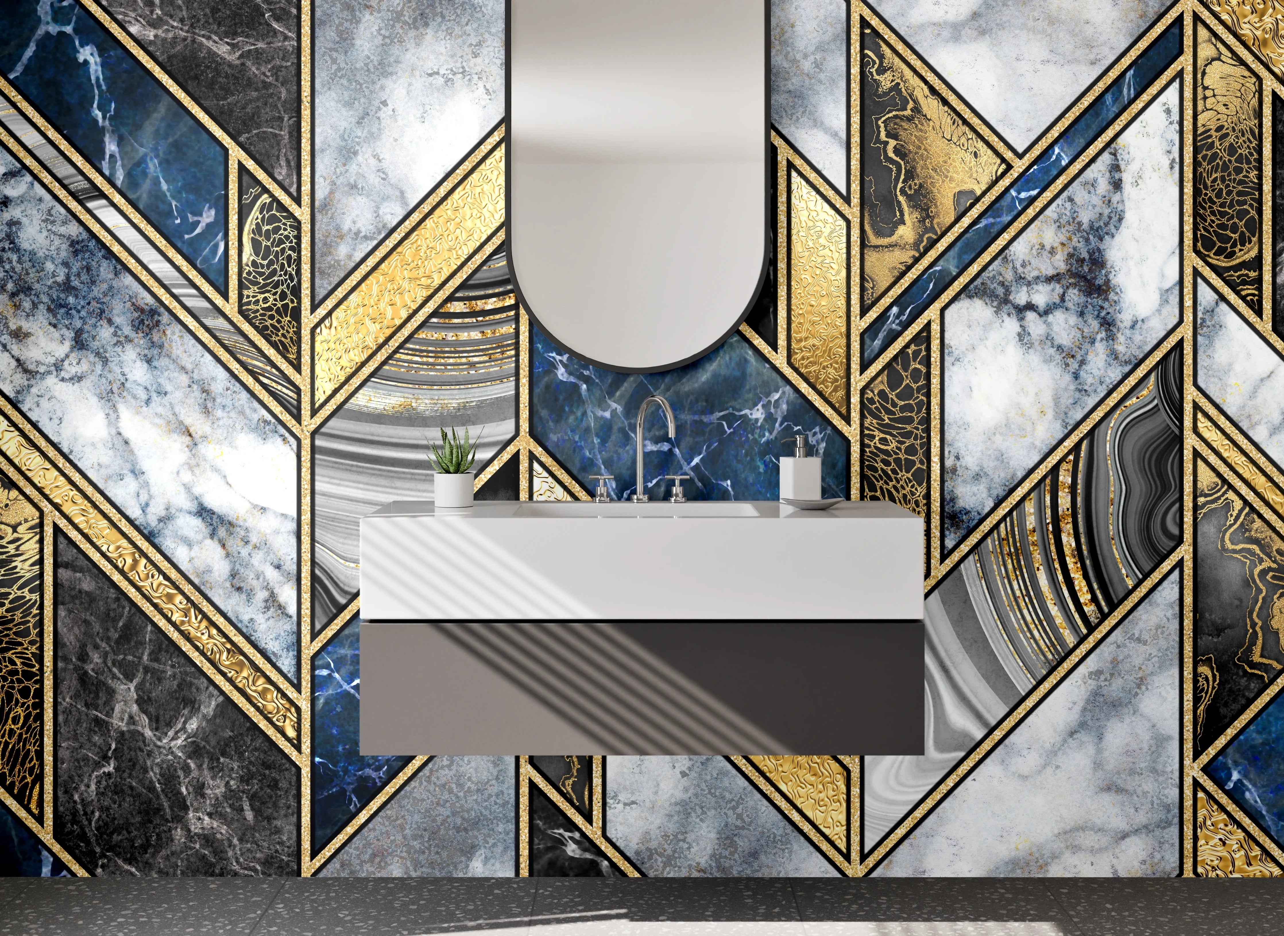 Waschbecken-Rückwand - Luxuriöses Marmor Mosaik Gold Blau