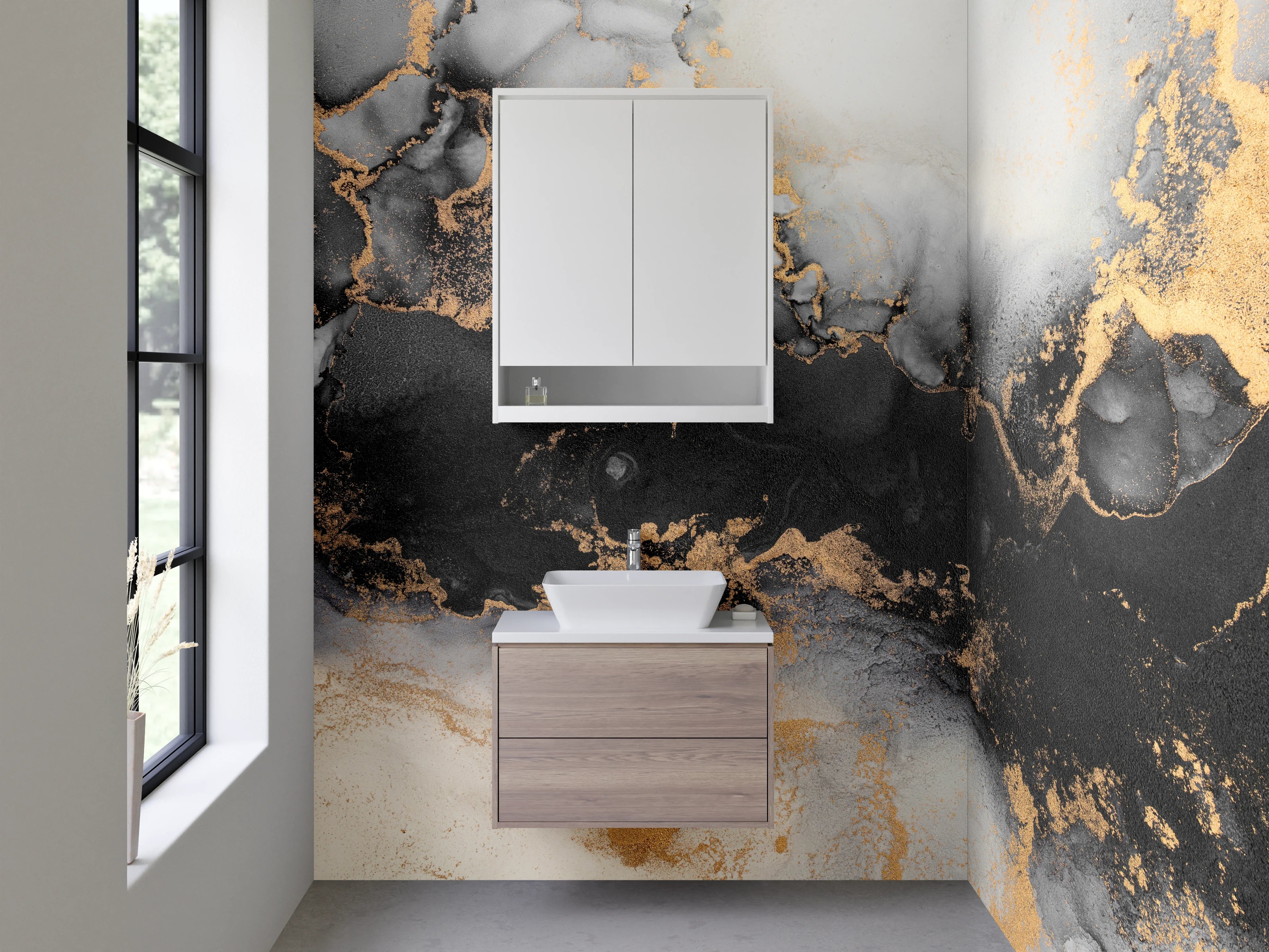 Waschbecken-Rückwand - Luxuriöses schwarzes und goldfarbenes Marmor-Design