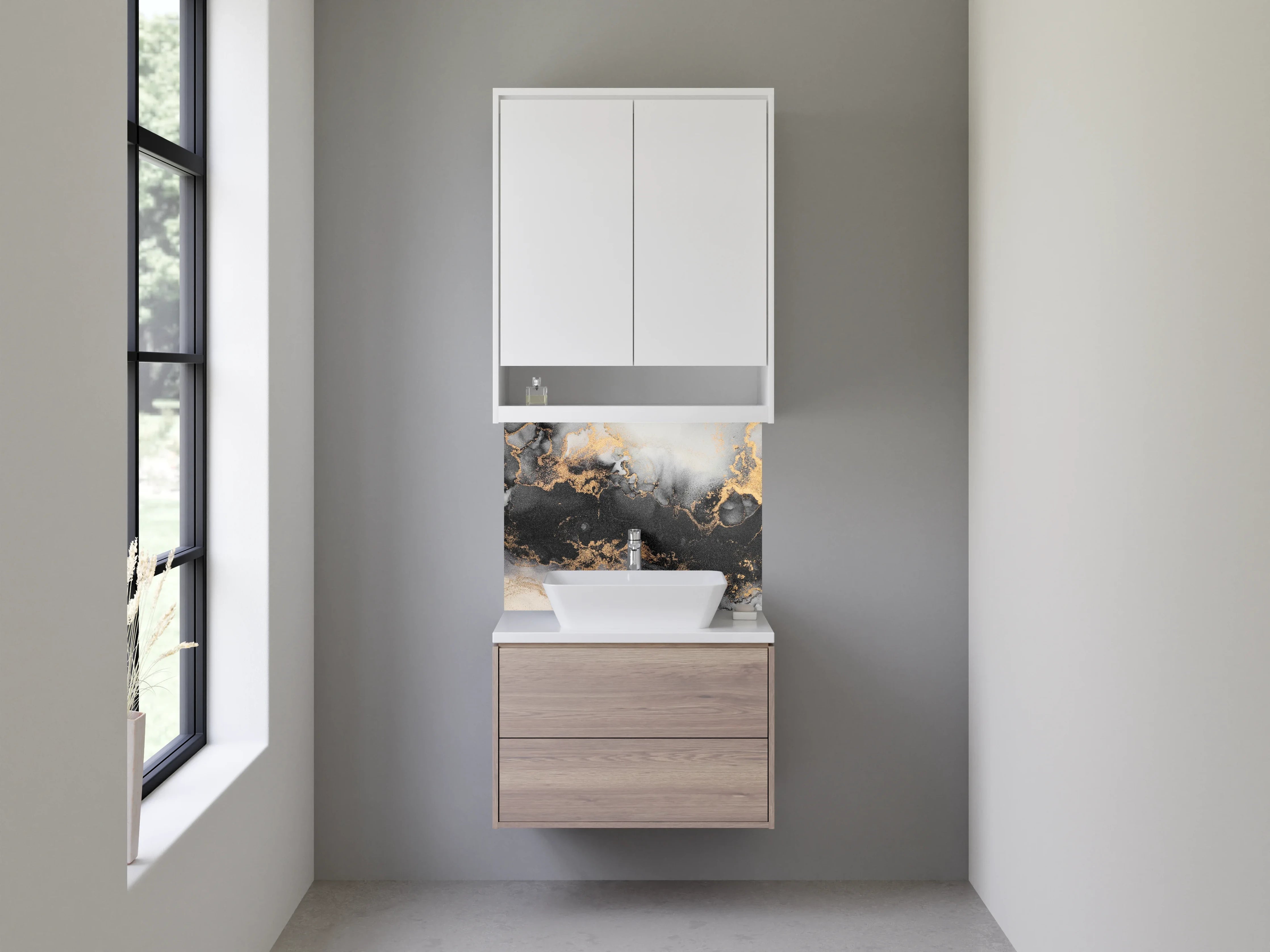 Waschbecken-Rückwand - Luxuriöses schwarzes und goldfarbenes Marmor-Design