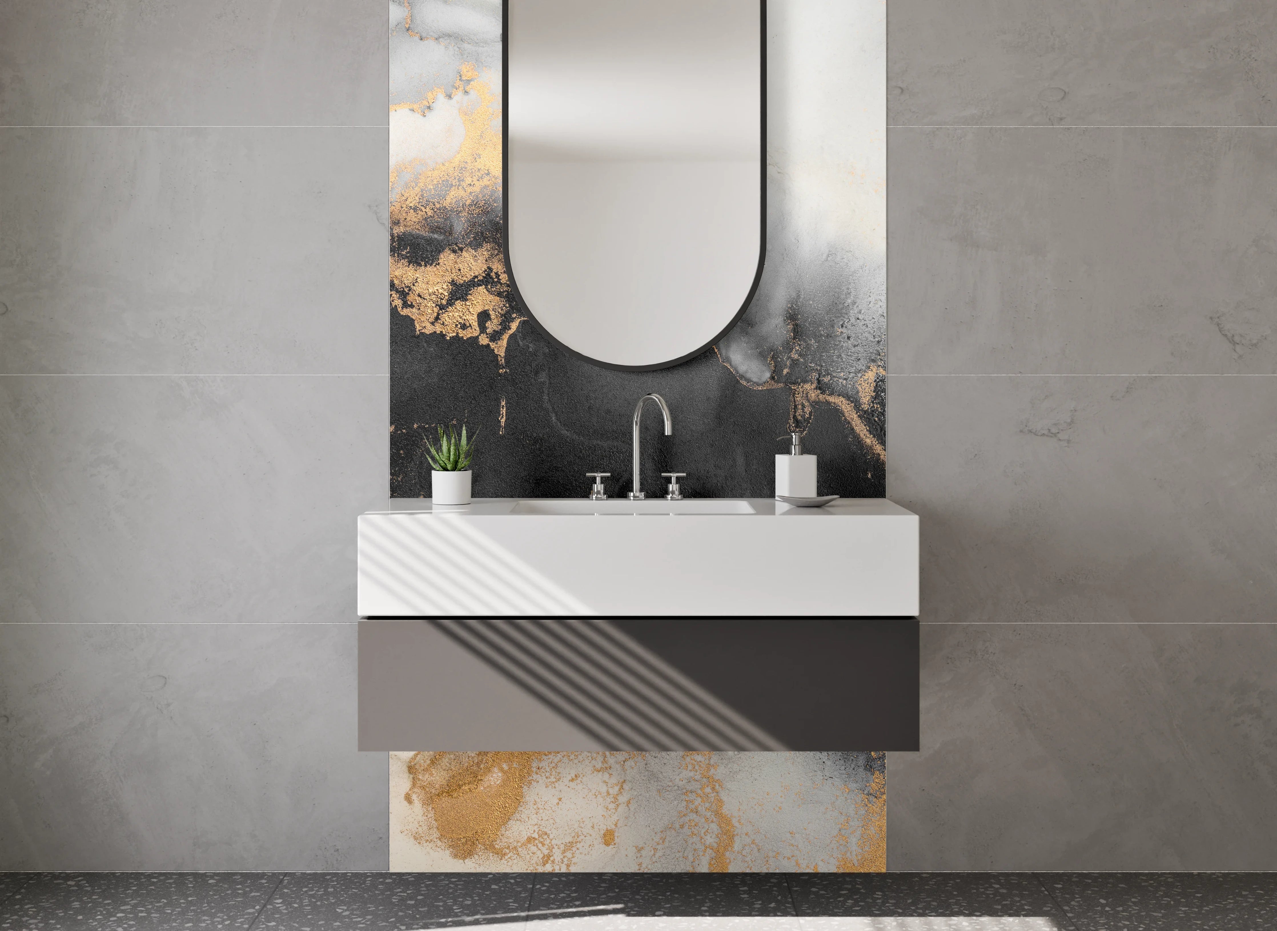Waschbecken-Rückwand - Luxuriöses schwarzes und goldfarbenes Marmor-Design