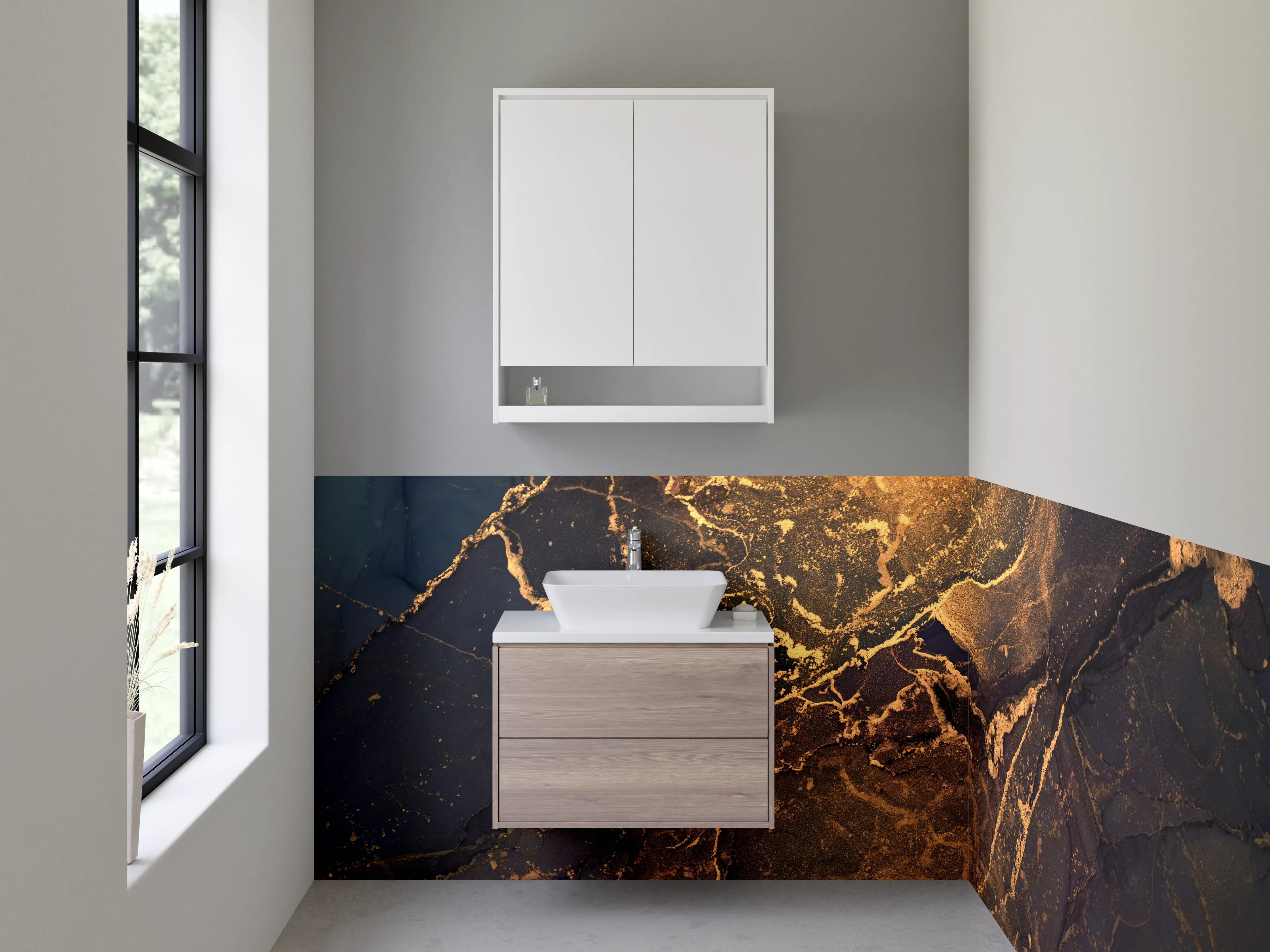 Waschbecken-Rückwand - Luxus-Wei00%45s- und Goldmarmor-Optik