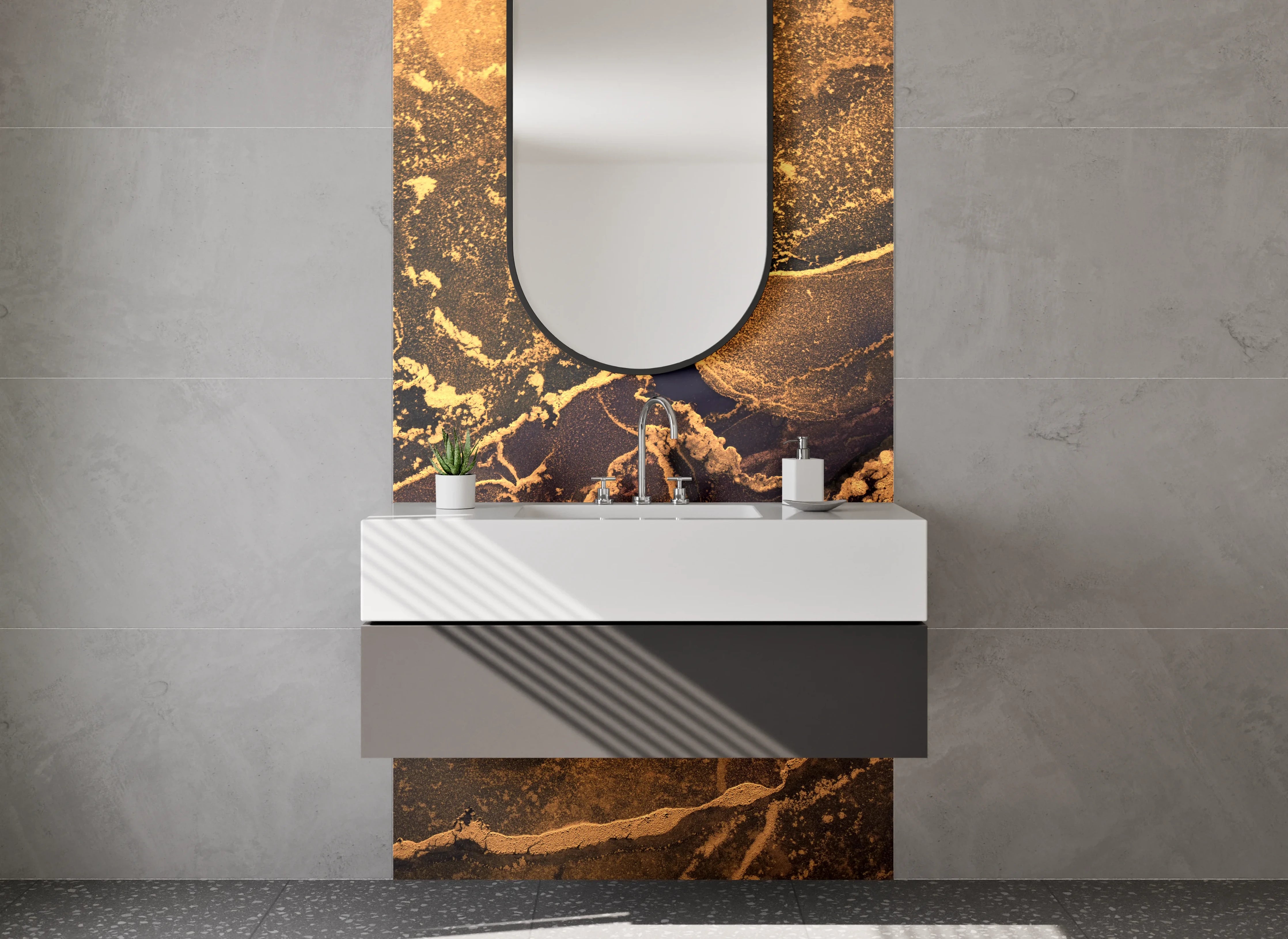 Waschbecken-Rückwand - Luxus-Wei00%45s- und Goldmarmor-Optik