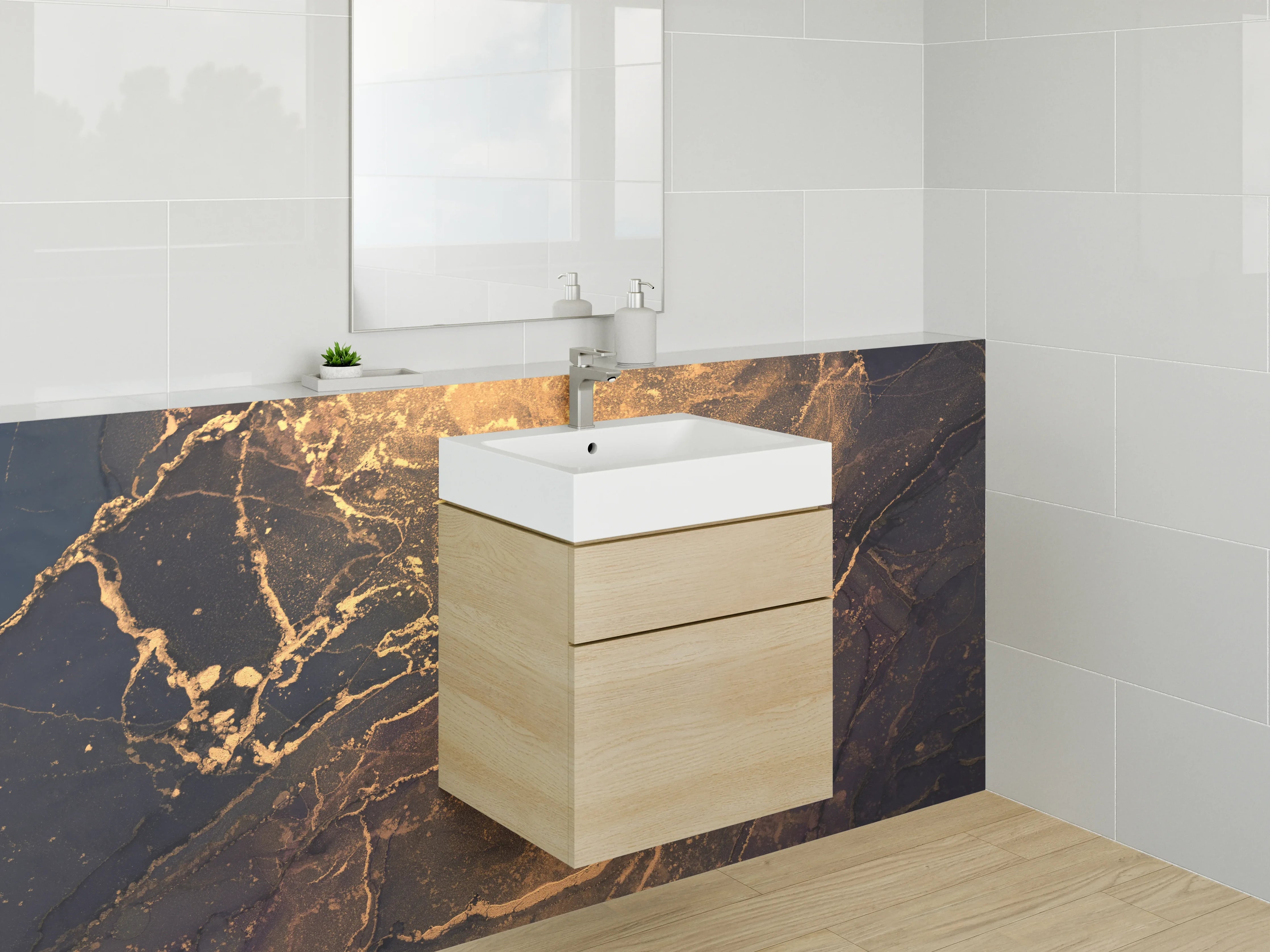 Waschbecken-Rückwand - Luxus-Wei00%45s- und Goldmarmor-Optik