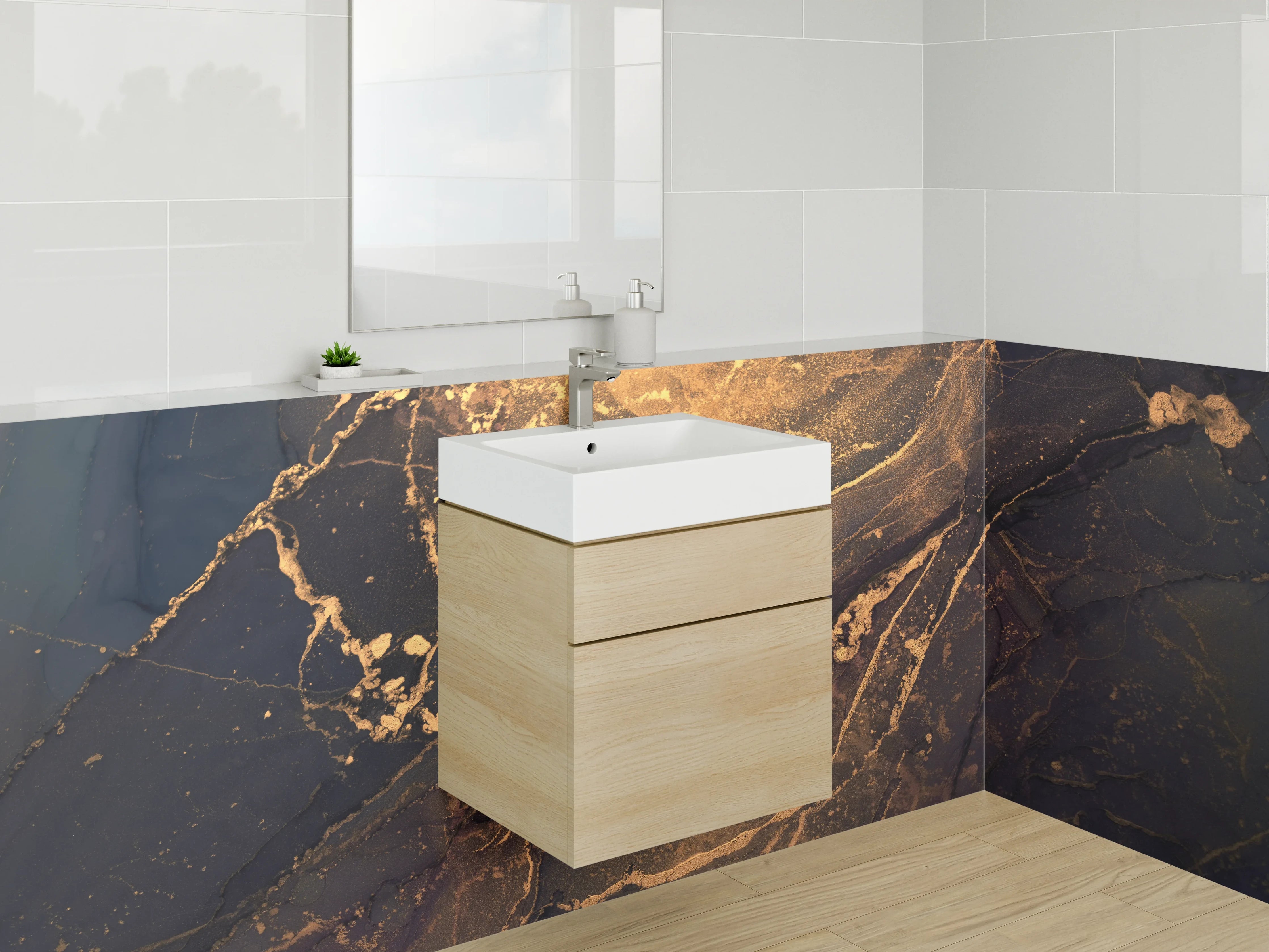 Waschbecken-Rückwand - Luxus-Wei00%45s- und Goldmarmor-Optik