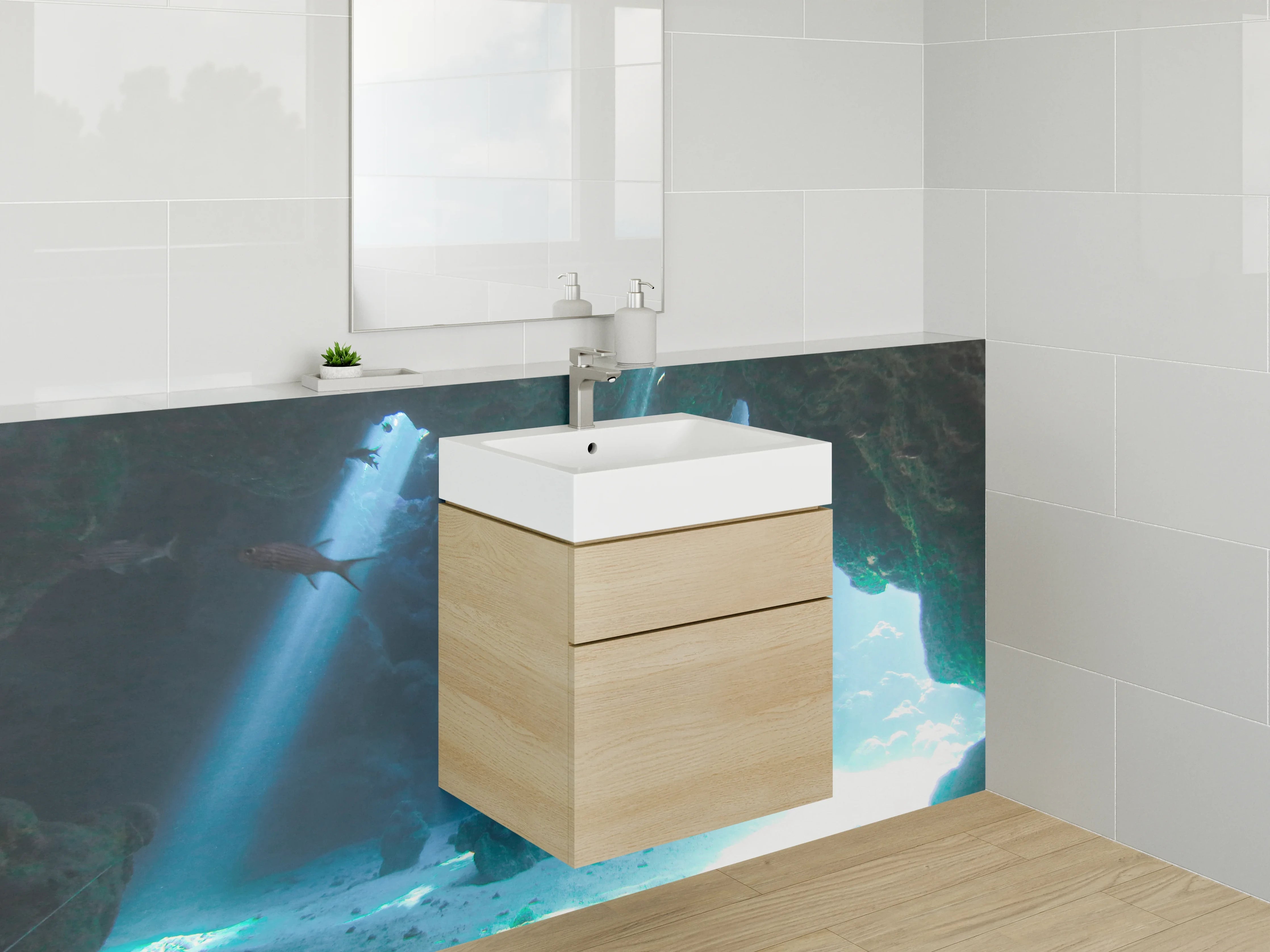 Waschbecken-Rückwand - Magische Unterwasserhöhle Lichtstrahlen
