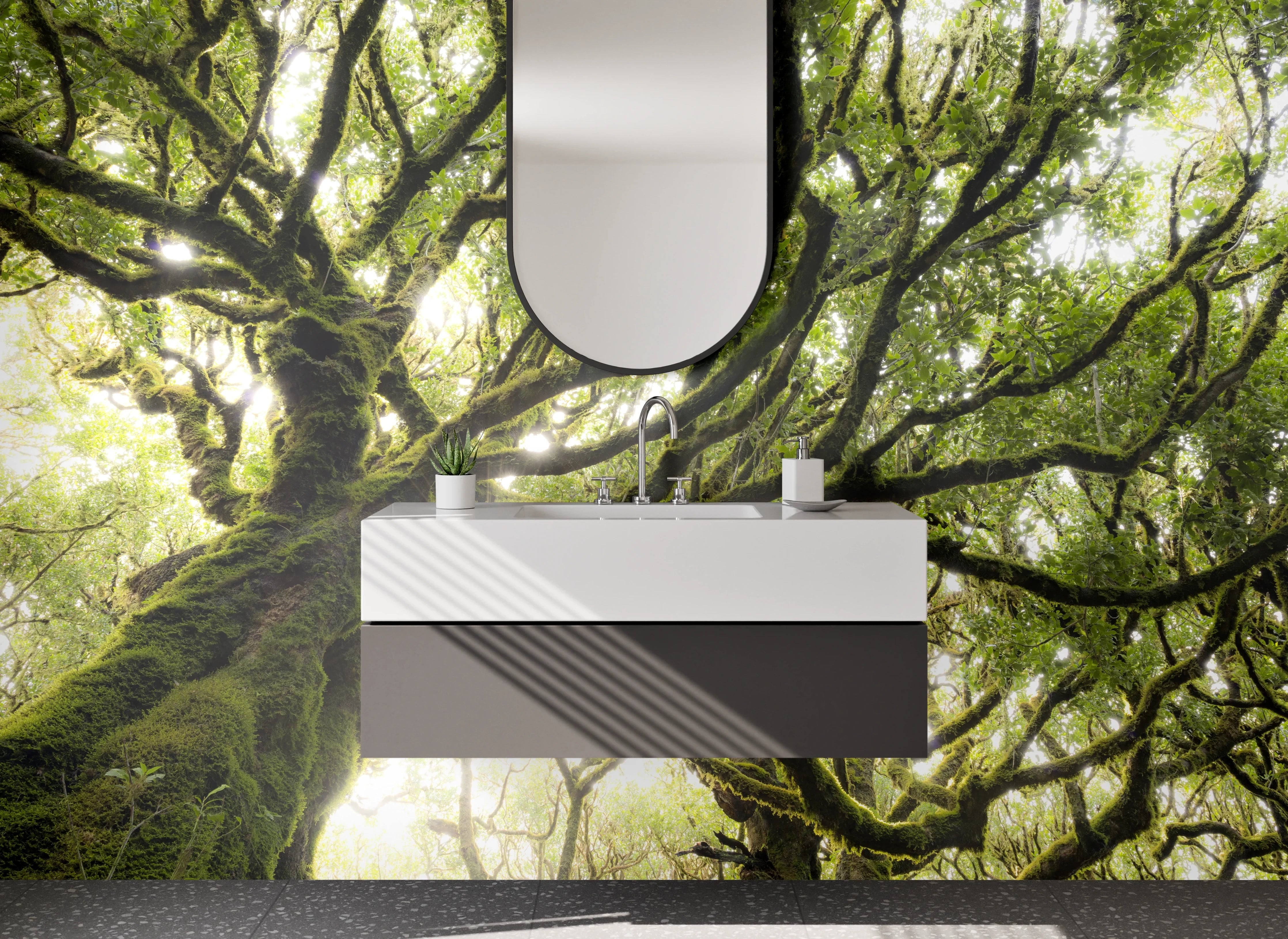 Waschbecken-Rückwand - Magischer Baum im Sonnenlicht