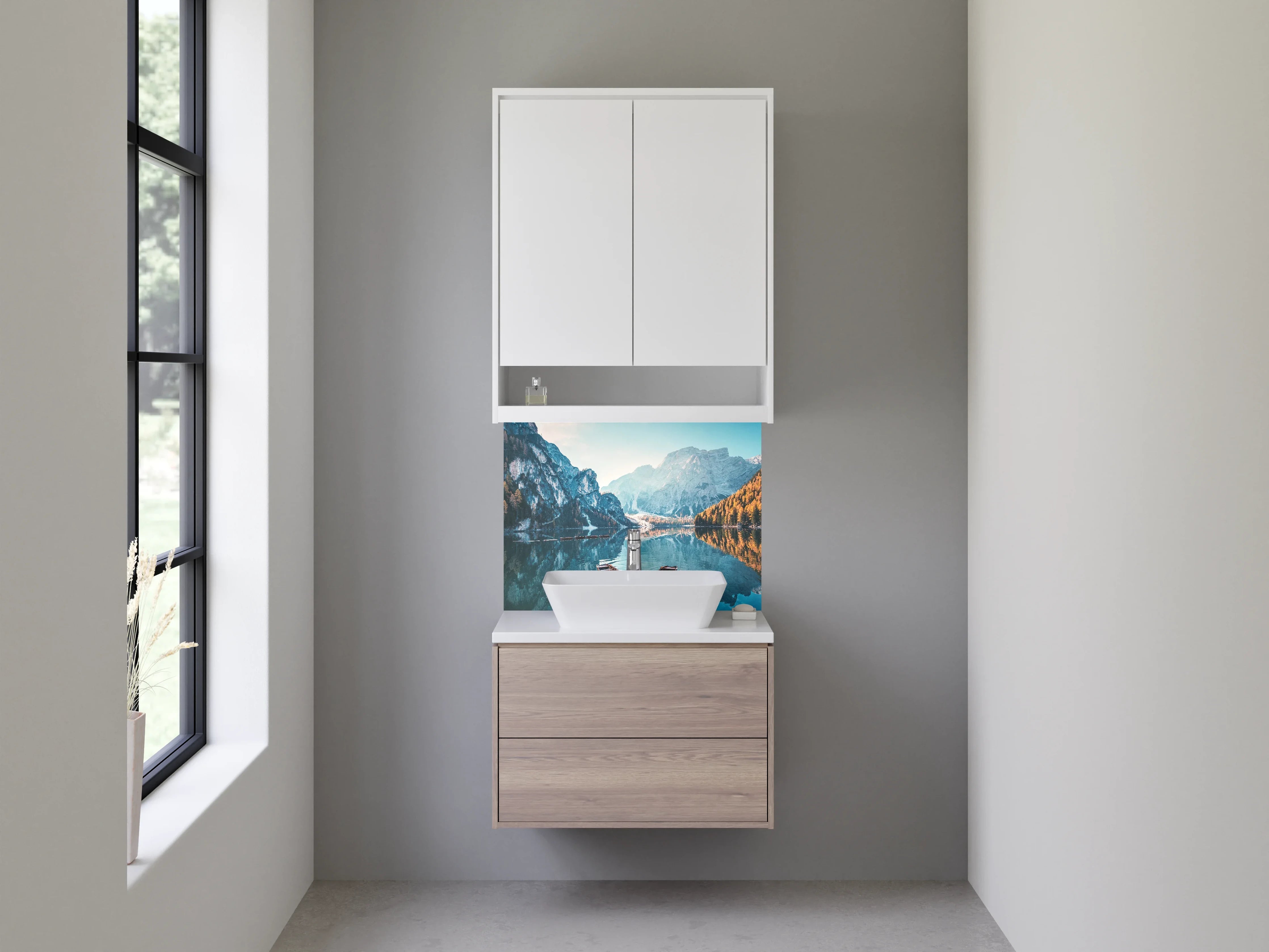 Waschbecken-Rückwand - Magischer Bergsee mit Holzsteg