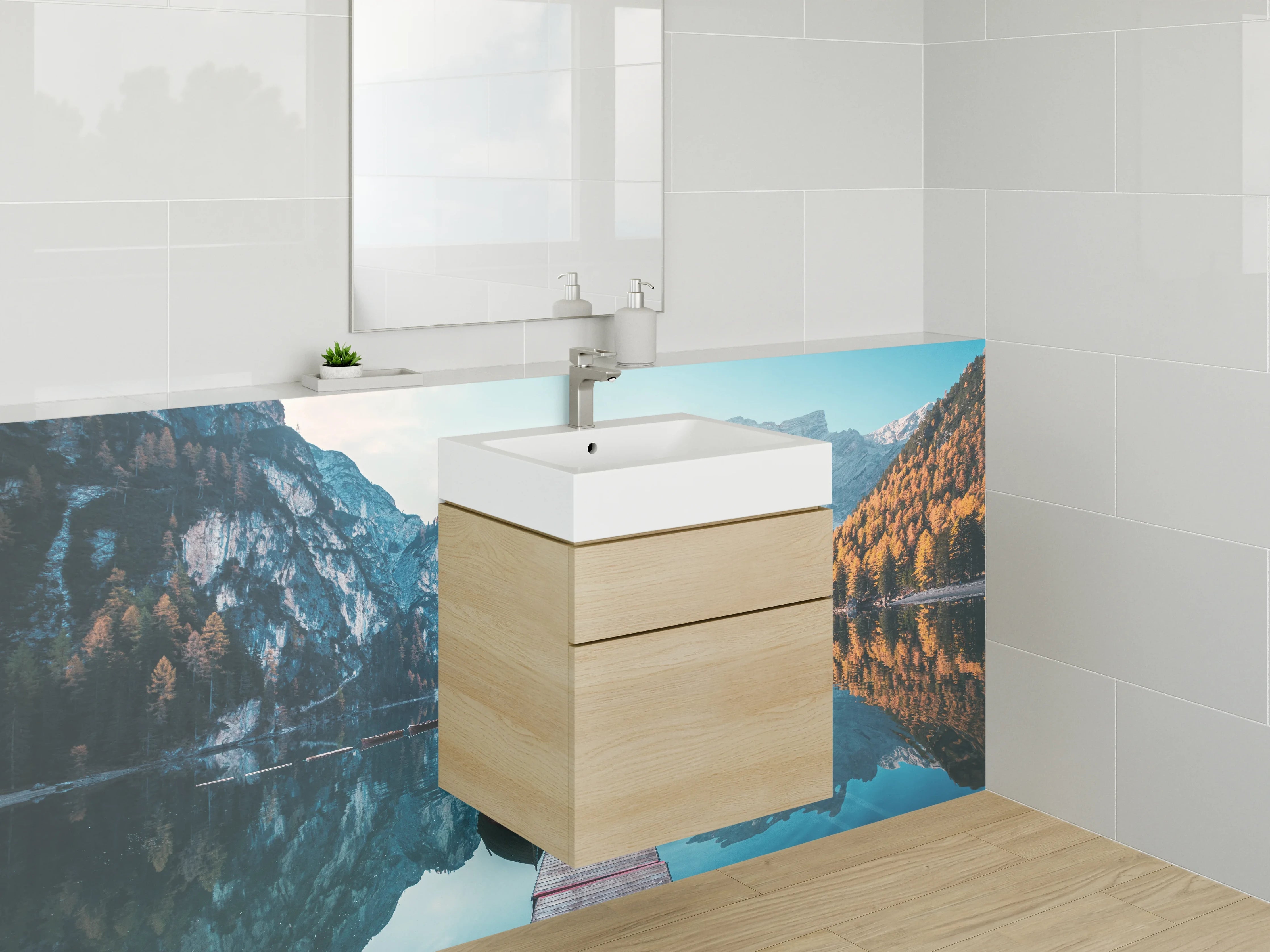 Waschbecken-Rückwand - Magischer Bergsee mit Holzsteg