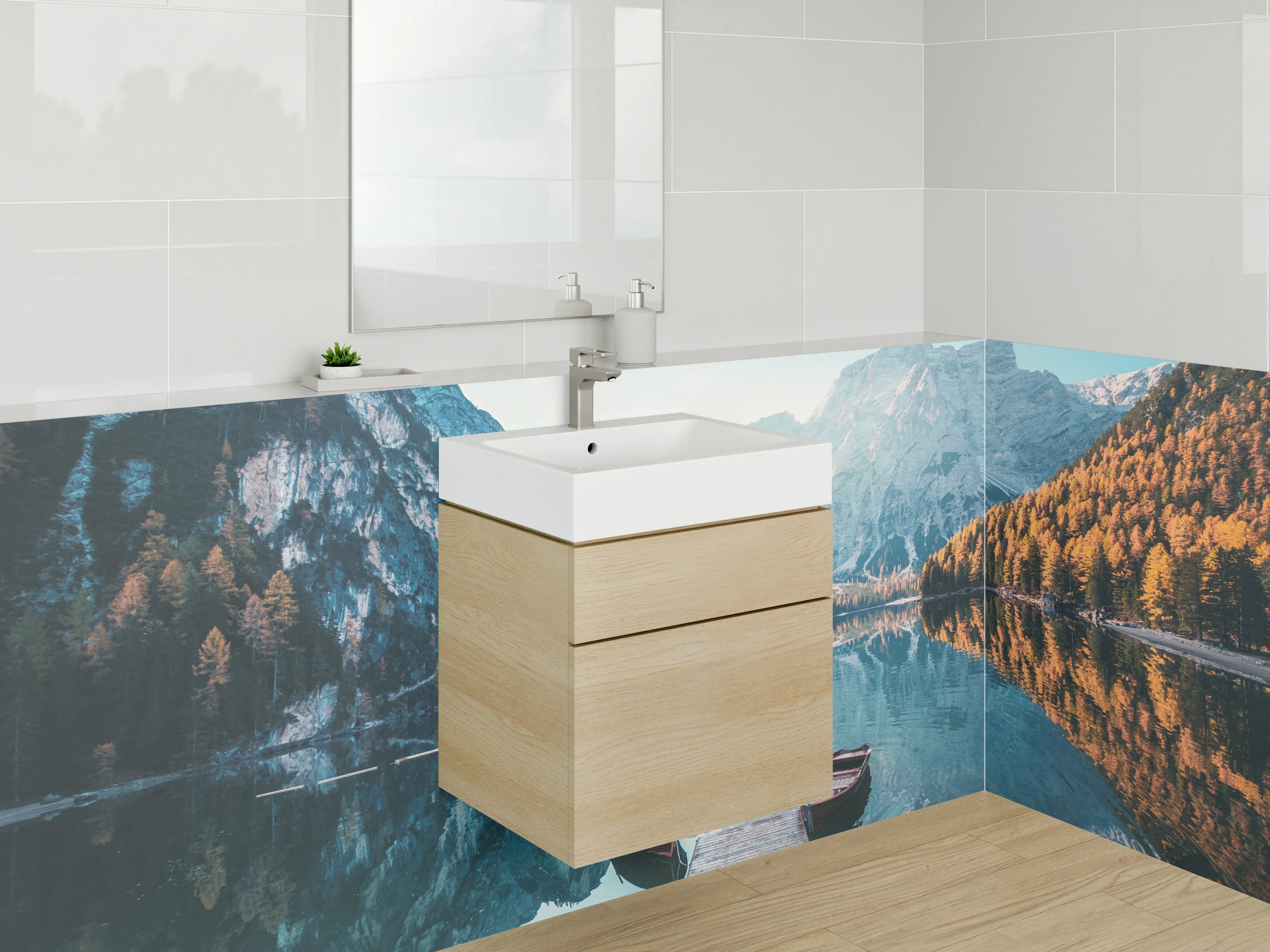 Waschbecken-Rückwand - Magischer Bergsee mit Holzsteg