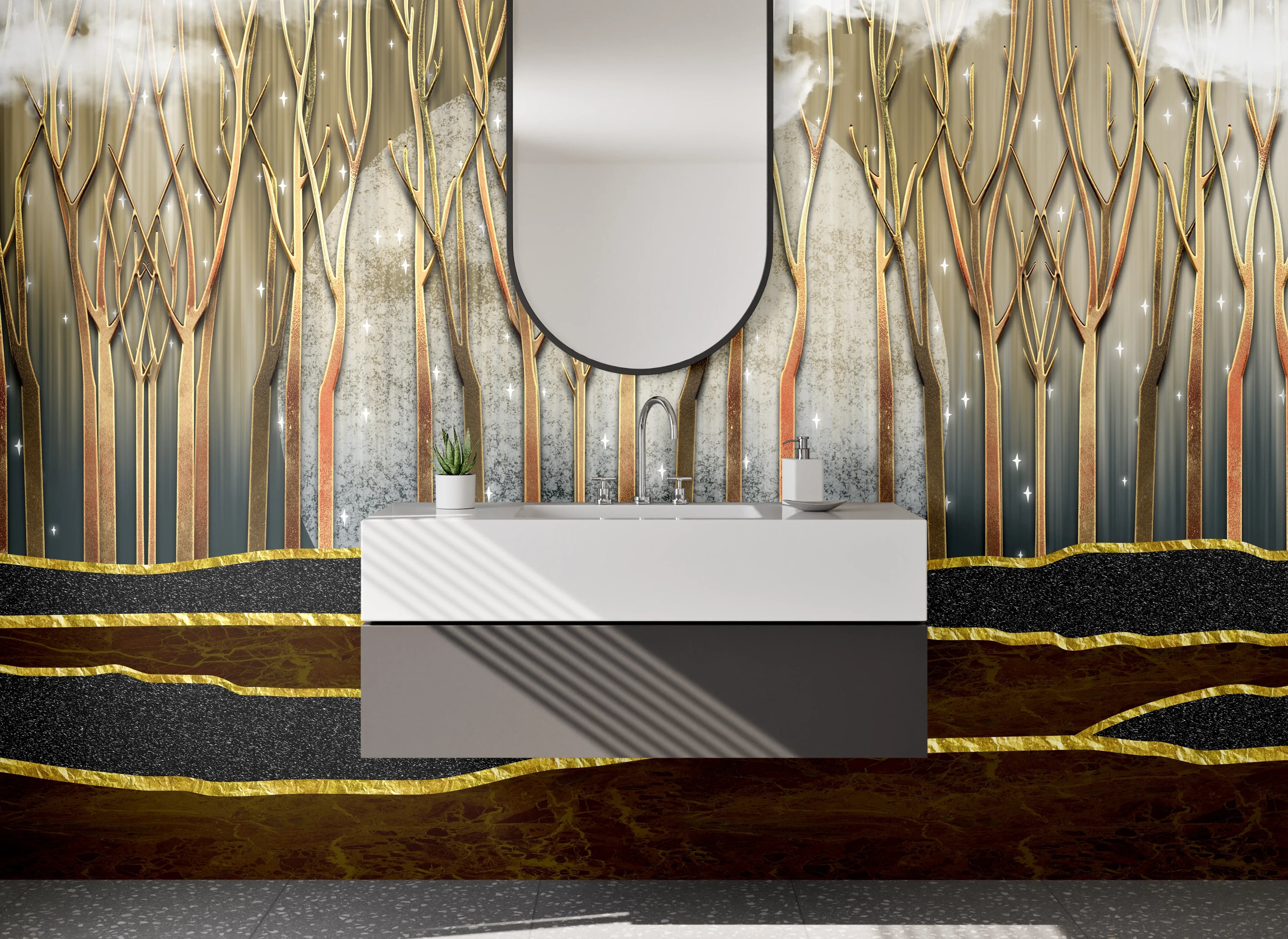Waschbecken-Rückwand - Magischer Garten mit goldenen Linien