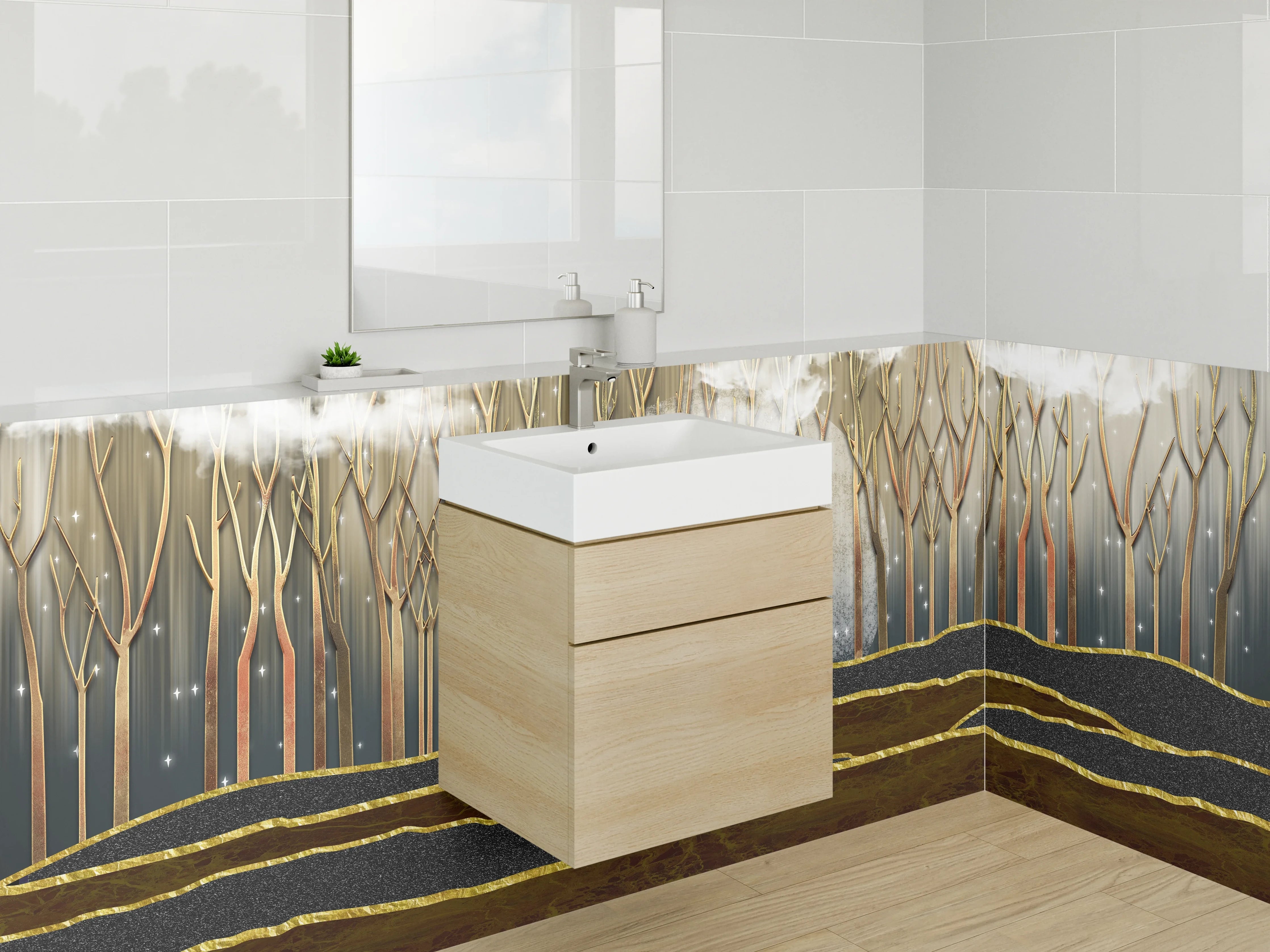 Waschbecken-Rückwand - Magischer Garten mit goldenen Linien