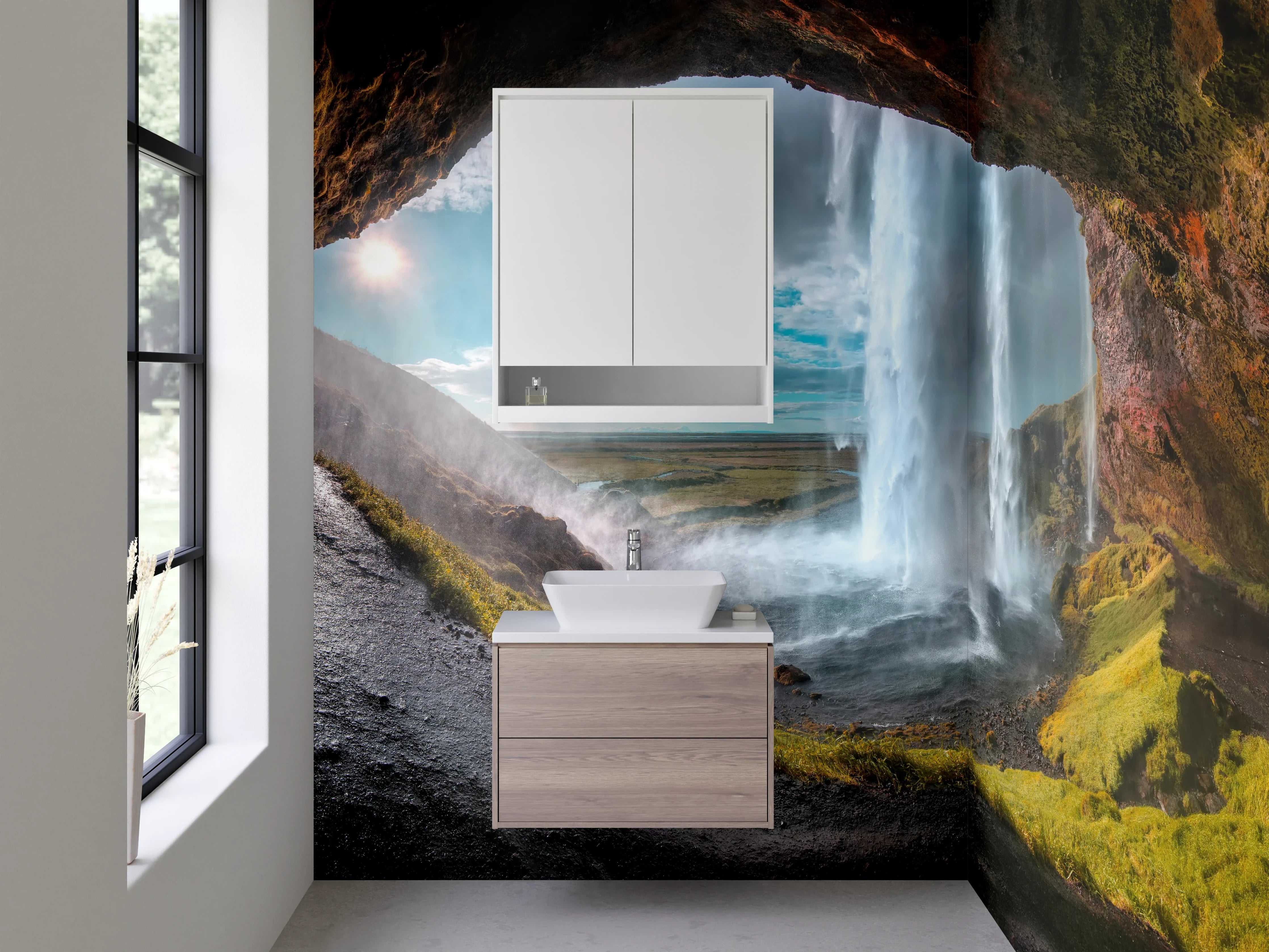 Waschbecken-Rückwand - Magischer Wasserfall Blick aus Höhle