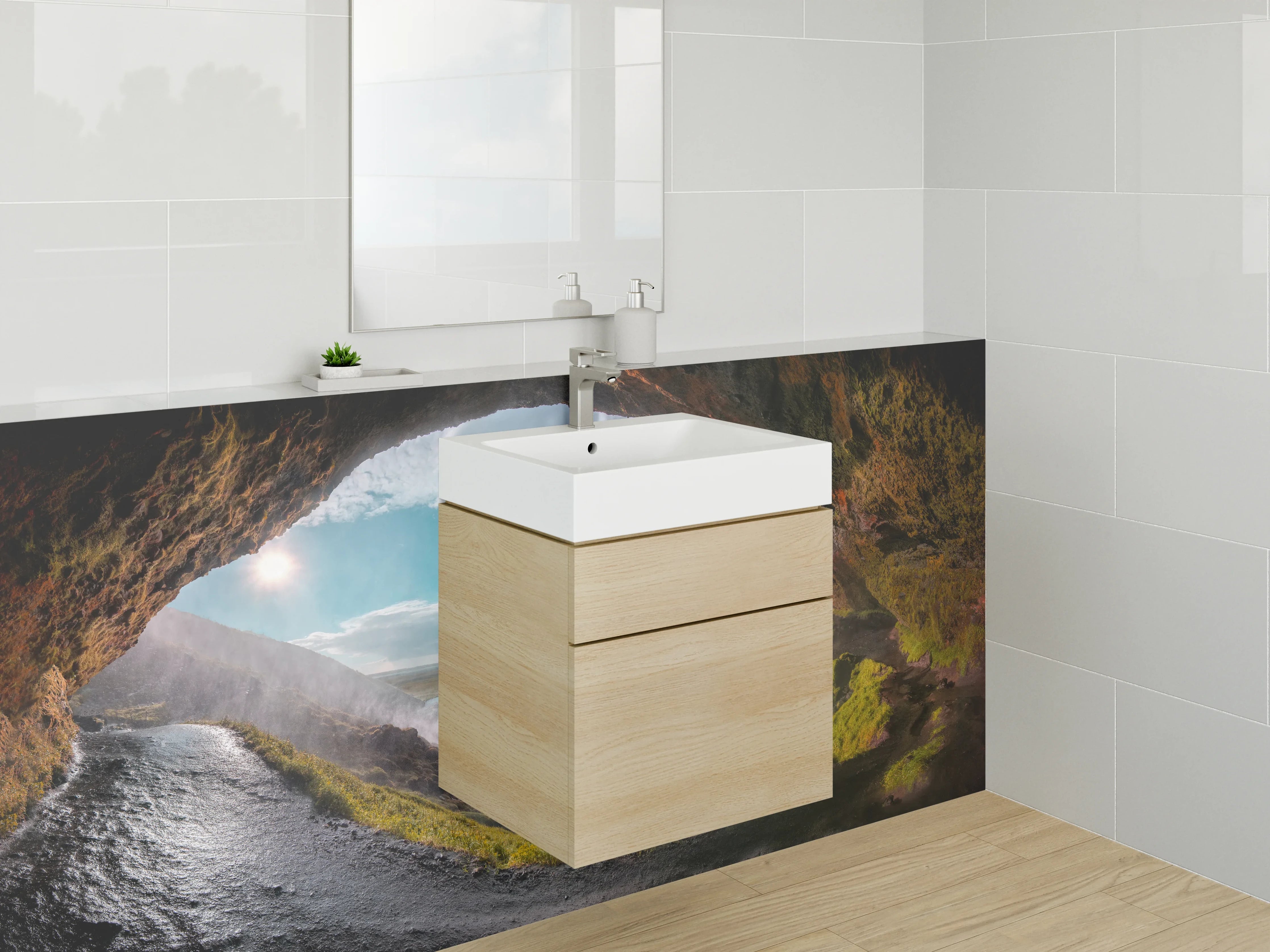 Waschbecken-Rückwand - Magischer Wasserfall Blick aus Höhle