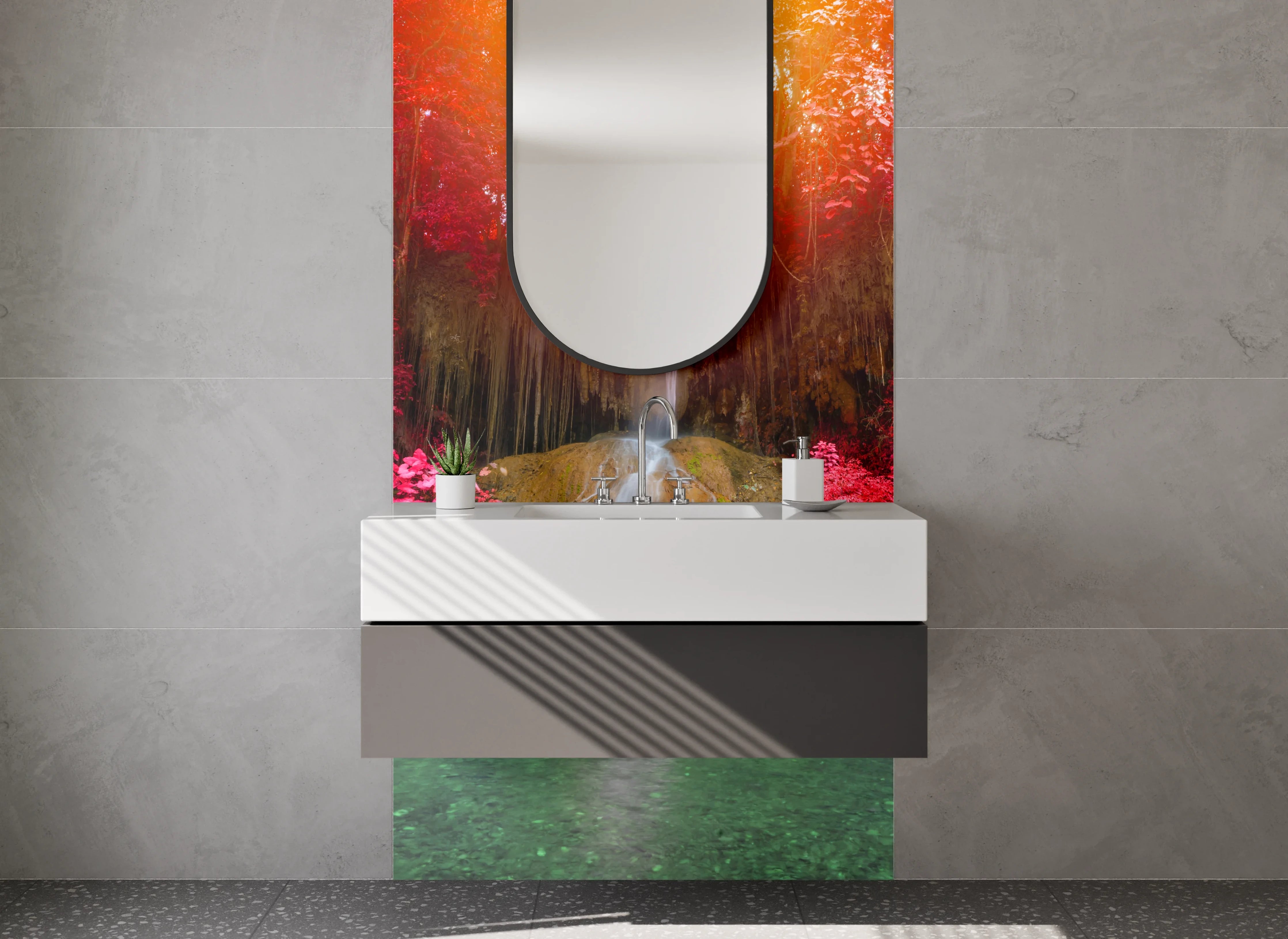 Waschbecken-Rückwand - Magischer Wasserfall im Farbenspiel
