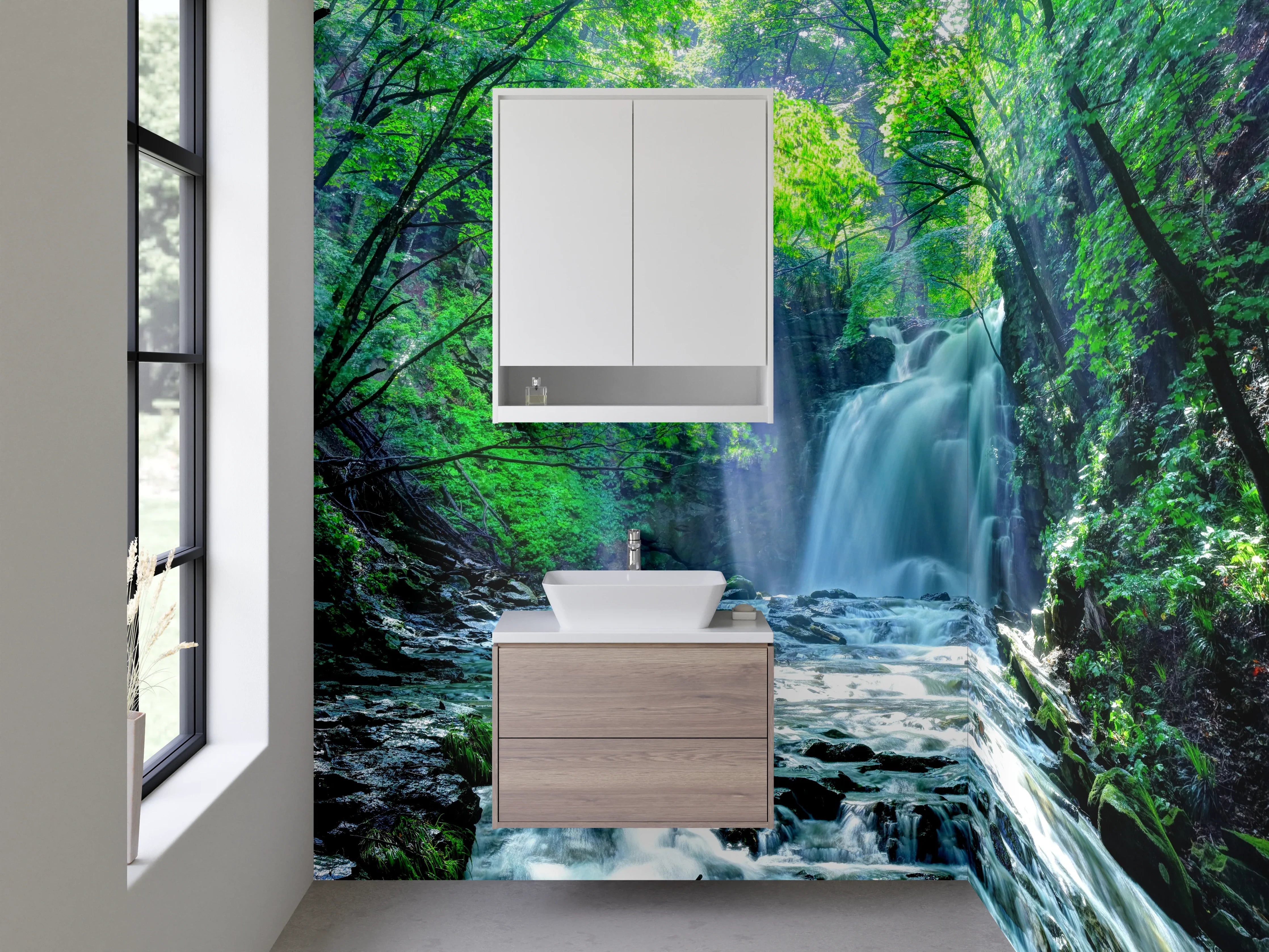 Waschbecken-Rückwand - Magischer Wasserfall im Wald