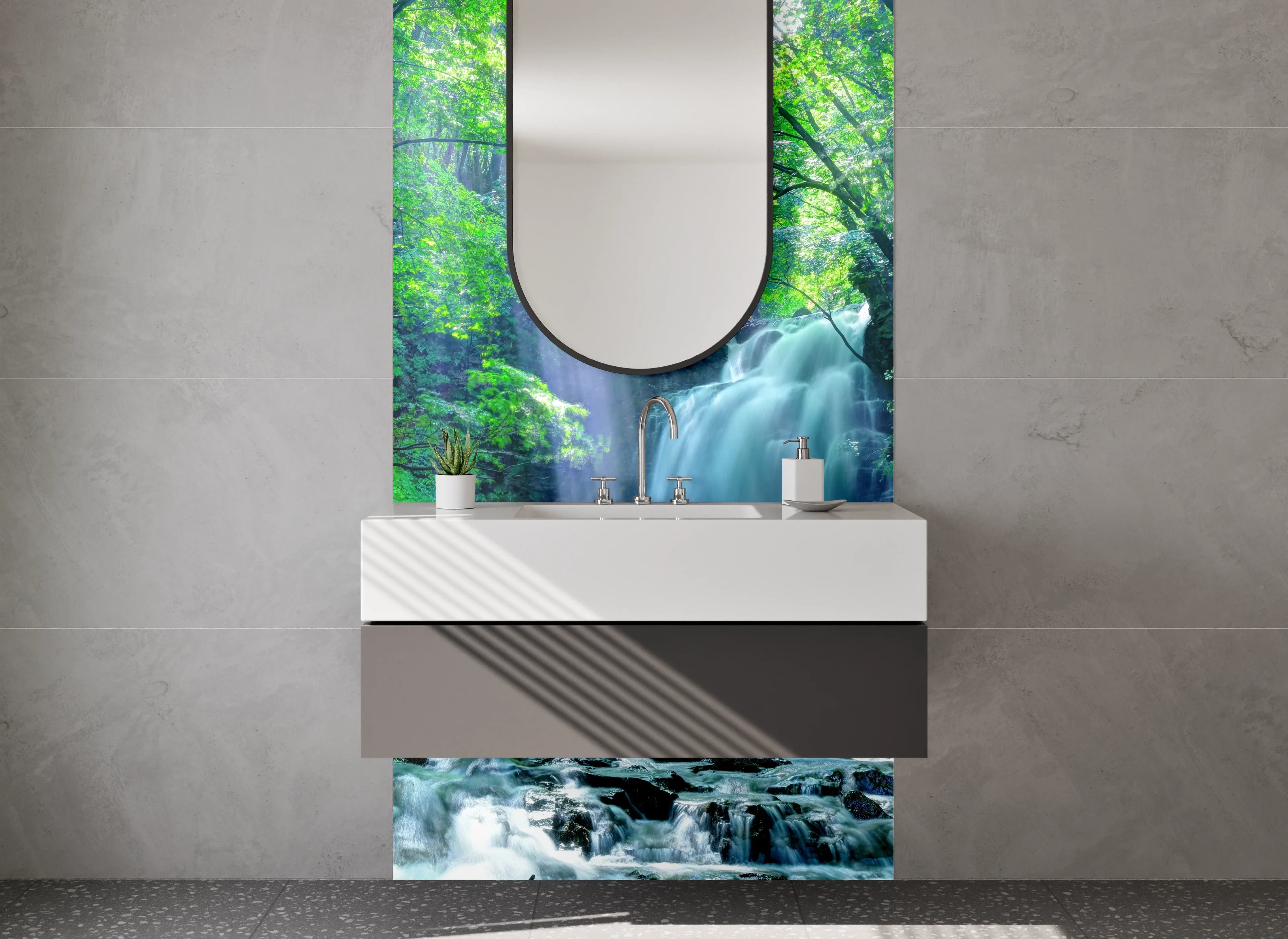 Waschbecken-Rückwand - Magischer Wasserfall im Wald