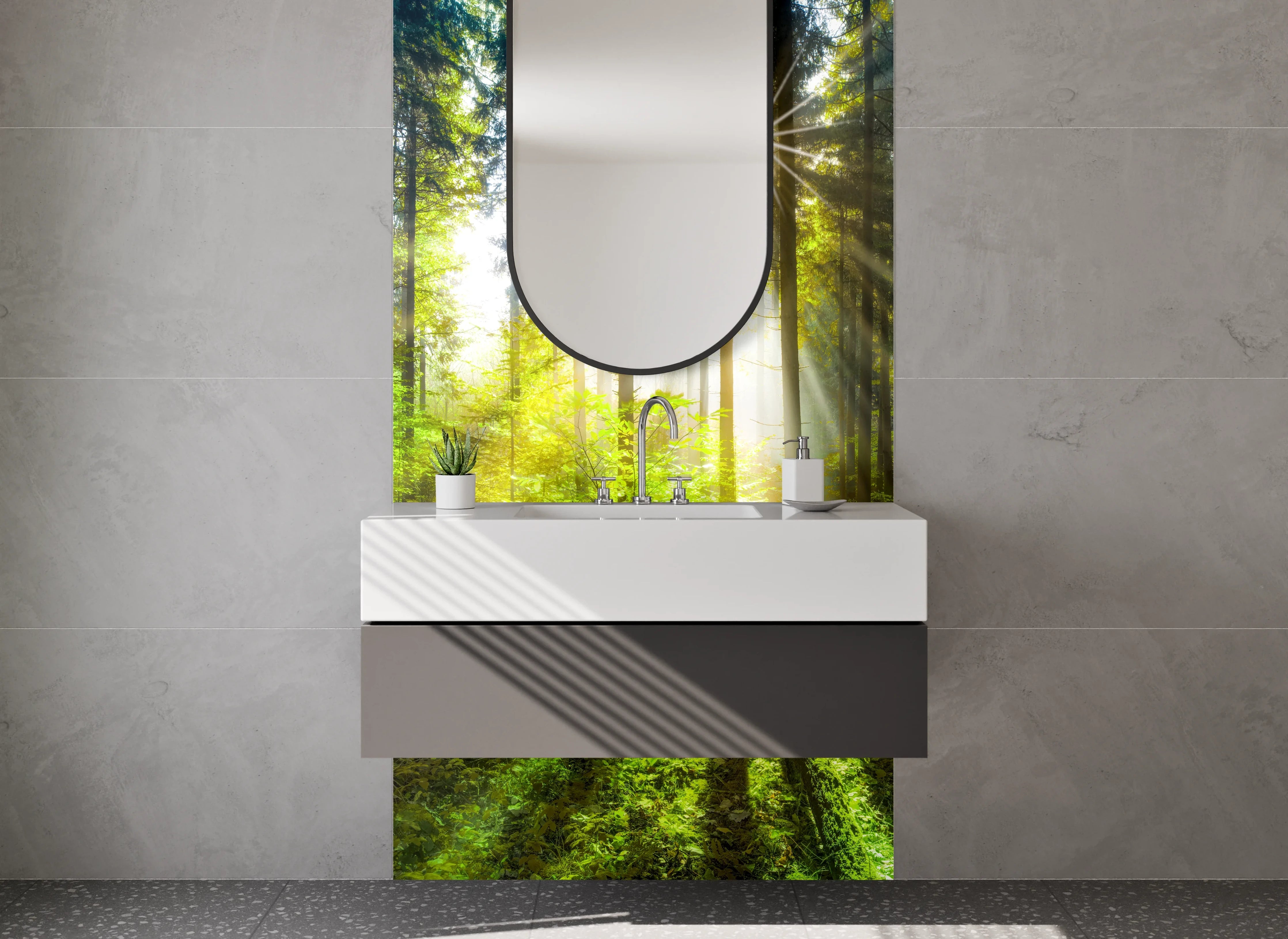 Waschbecken-Rückwand - Magisches Sonnenlicht im Wald