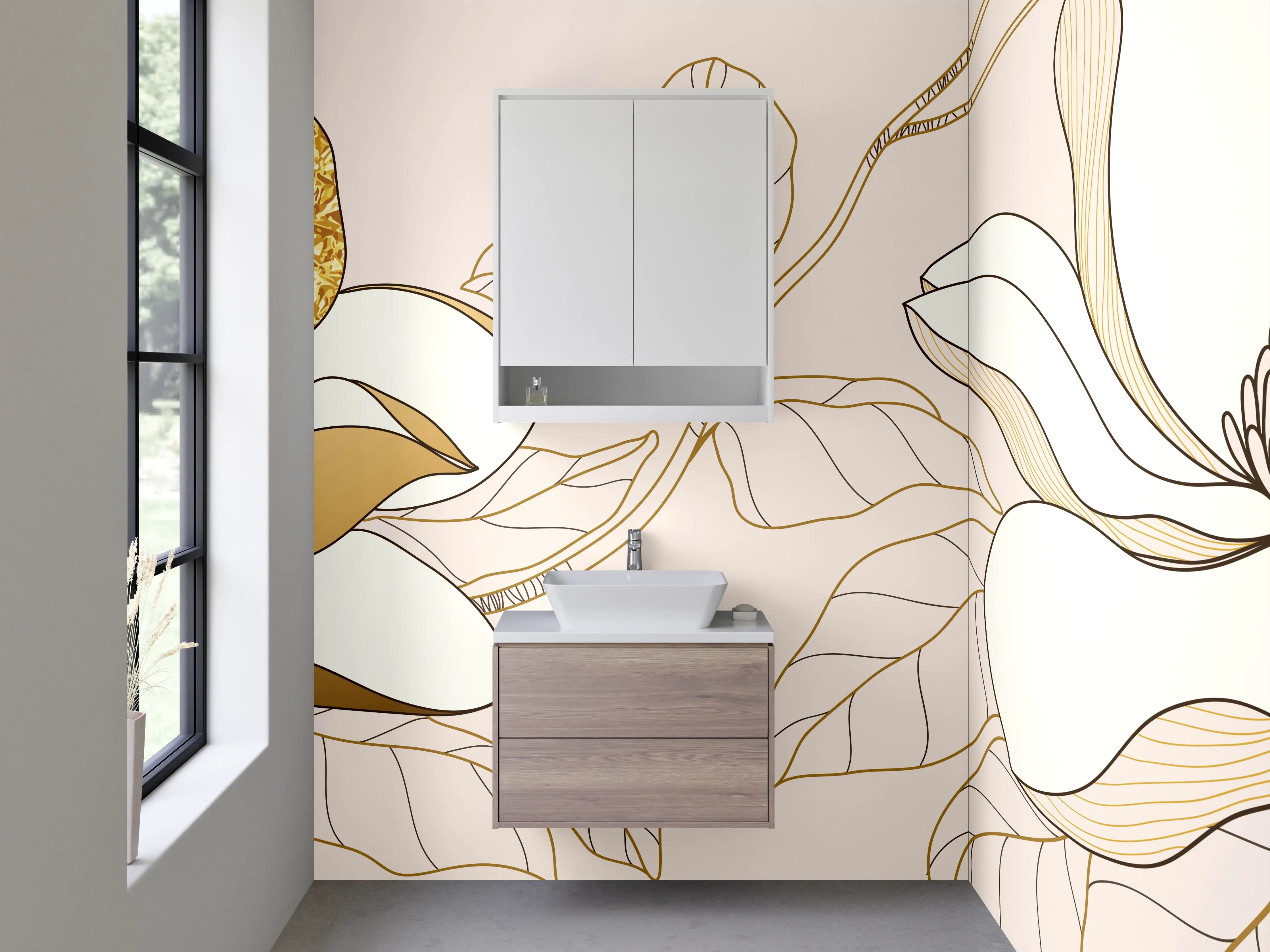 Waschbecken-Rückwand - Magnolien Gold Lineart Blüten