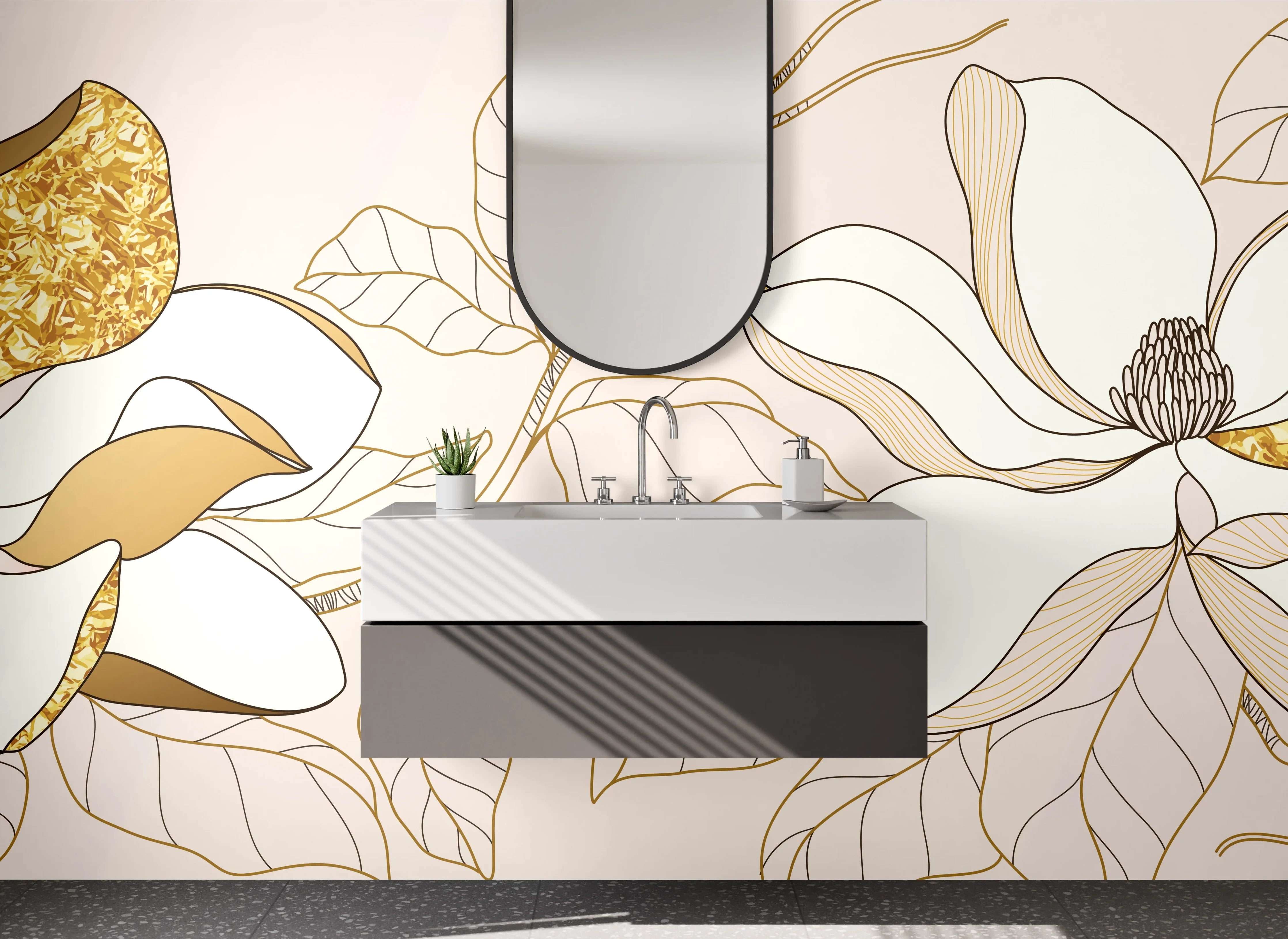 Waschbecken-Rückwand - Magnolien Gold Lineart Blüten