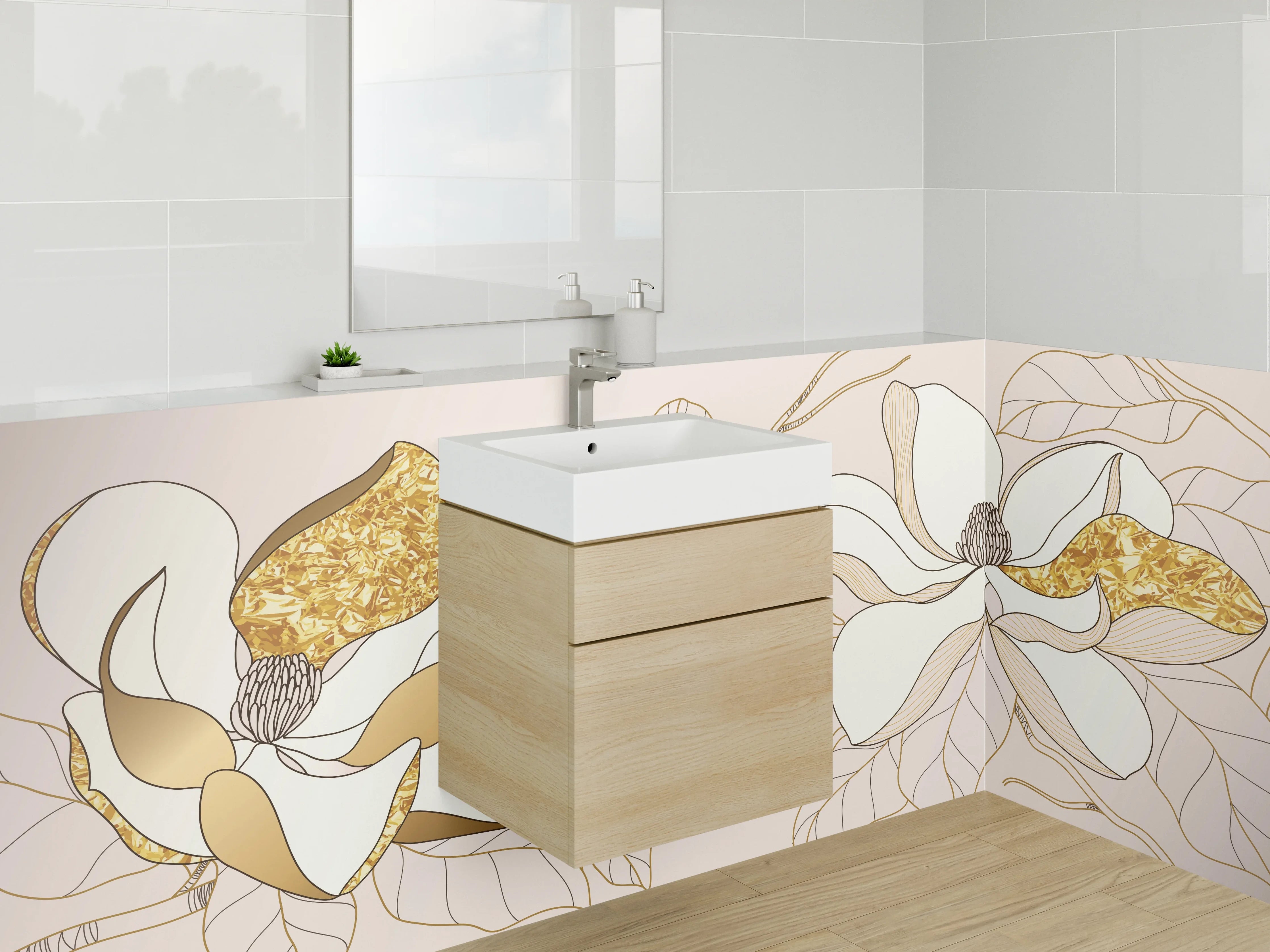 Waschbecken-Rückwand - Magnolien Gold Lineart Blüten