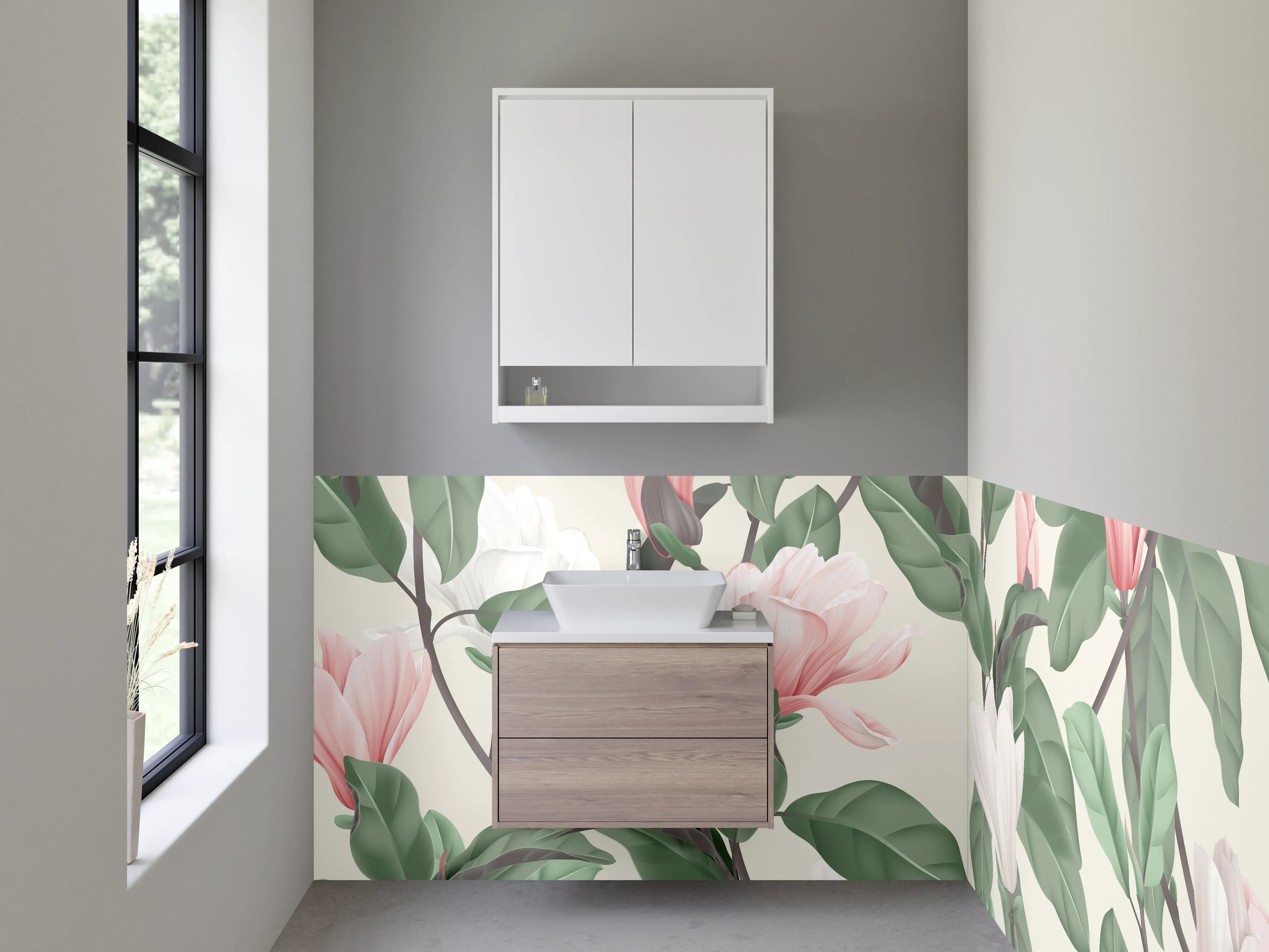 Waschbecken-Rückwand - Magnolien Illustration Rosa-Grün Trend