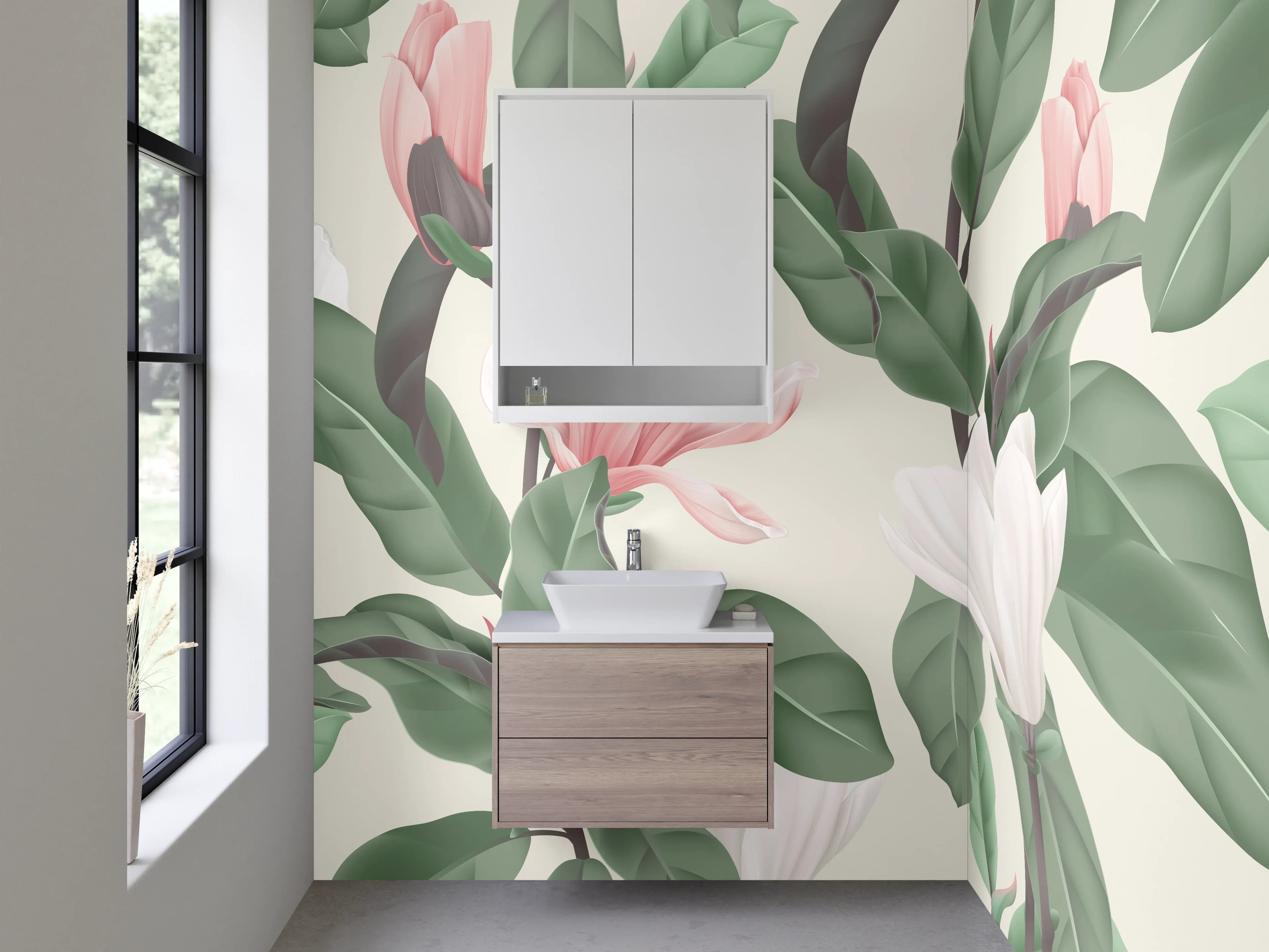 Waschbecken-Rückwand - Magnolien Illustration Rosa-Grün Trend