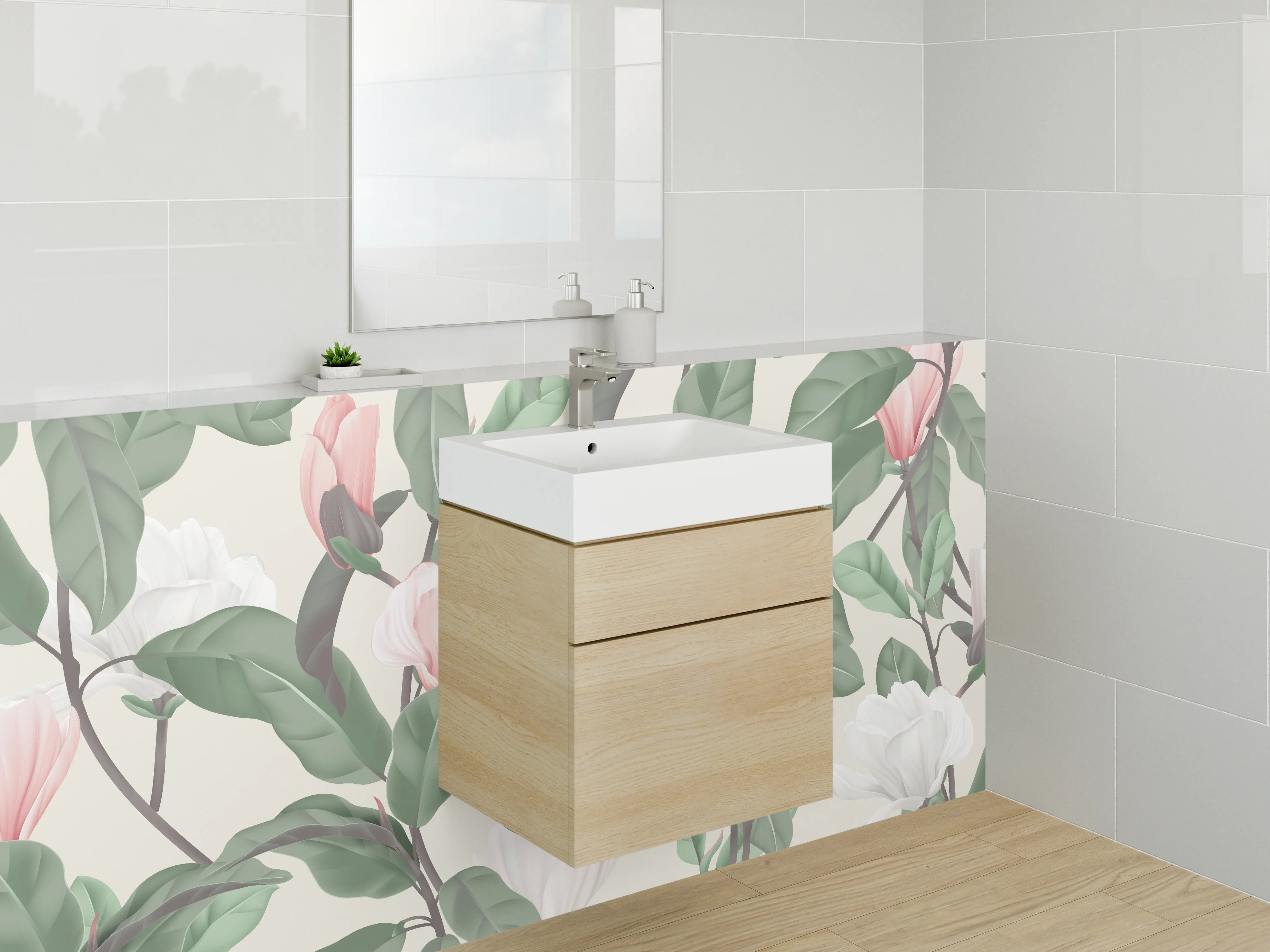 Waschbecken-Rückwand - Magnolien Illustration Rosa-Grün Trend