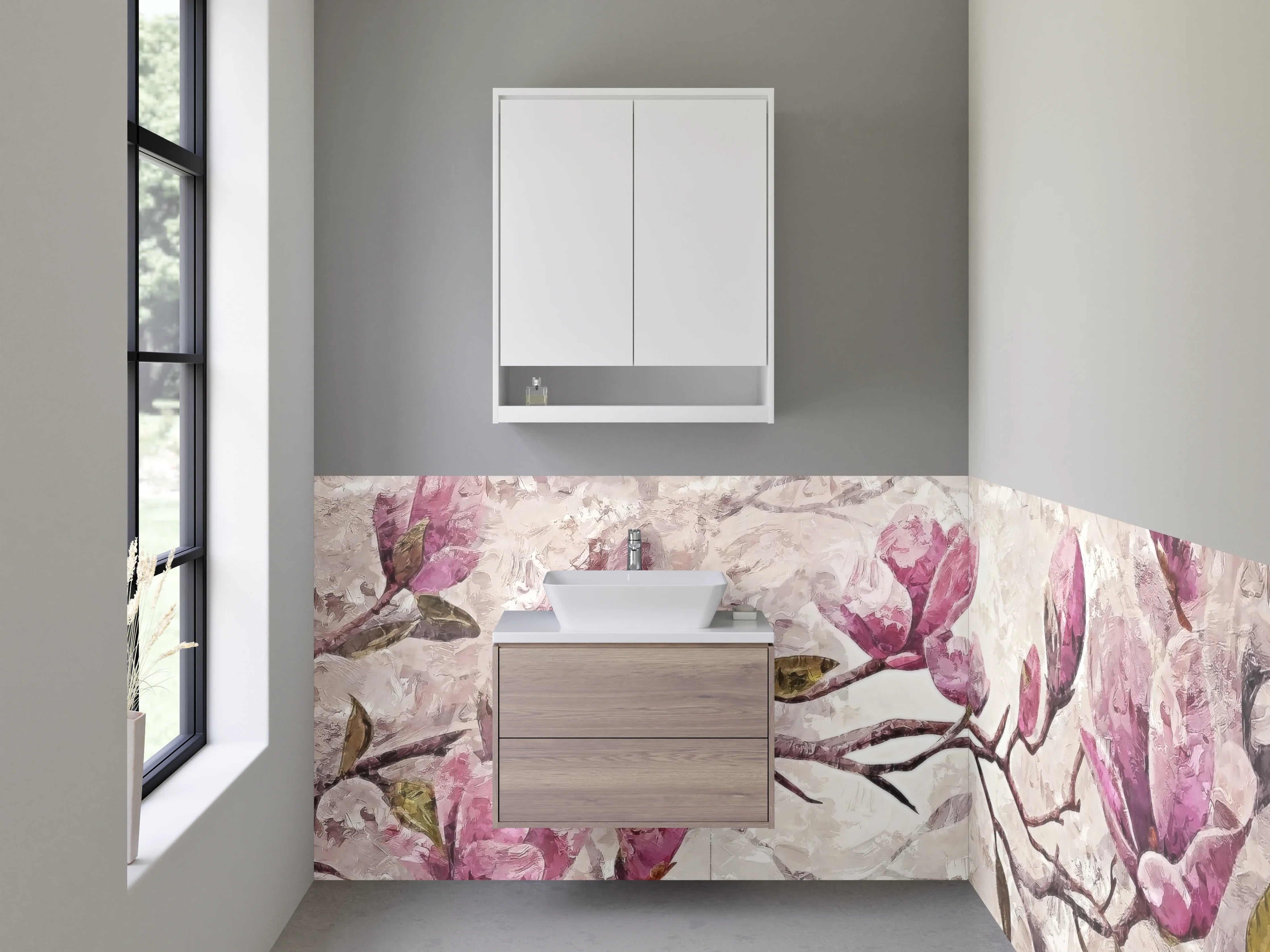 Waschbecken-Rückwand - Magnolienzweig Aquarell Rosa Beige