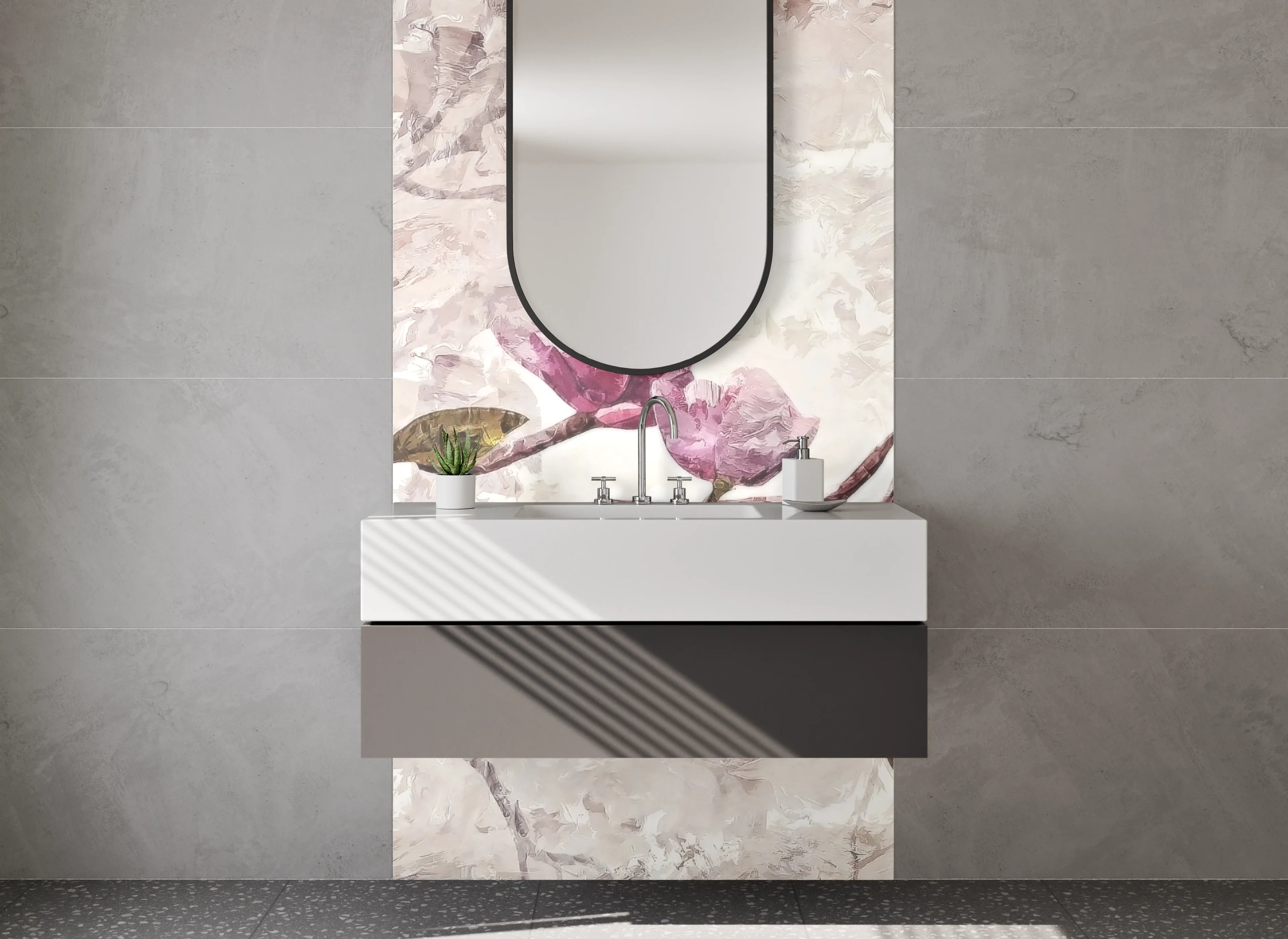 Waschbecken-Rückwand - Magnolienzweig Aquarell Rosa Beige
