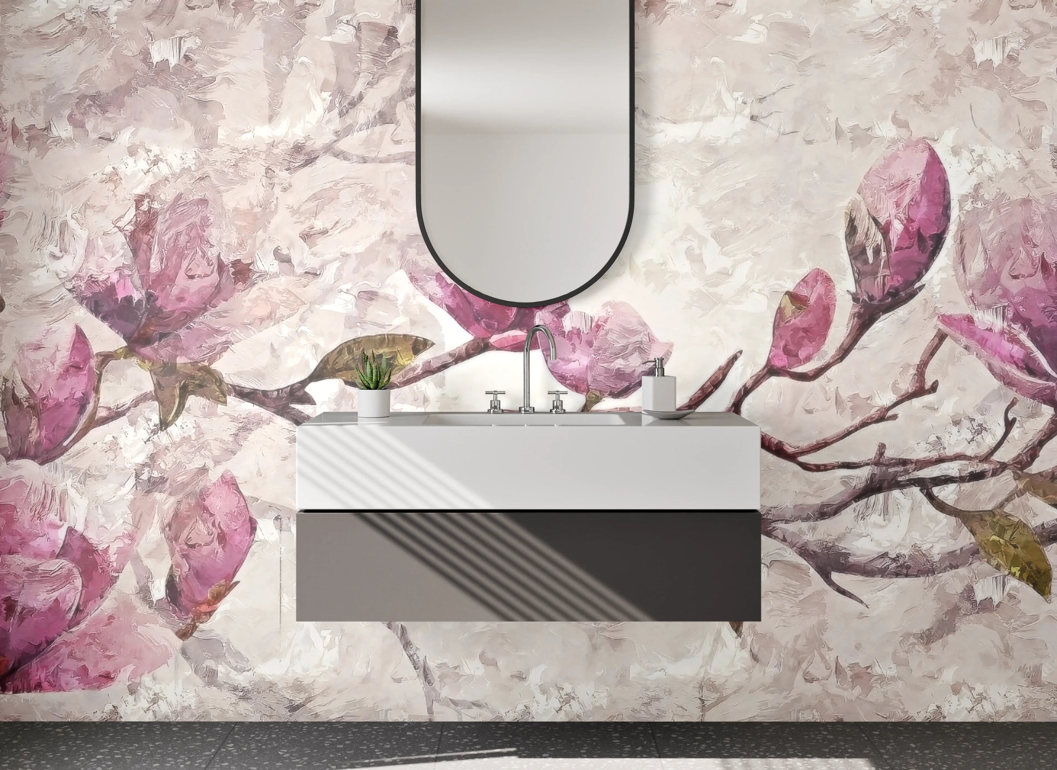 Waschbecken-Rückwand - Magnolienzweig Aquarell Rosa Beige