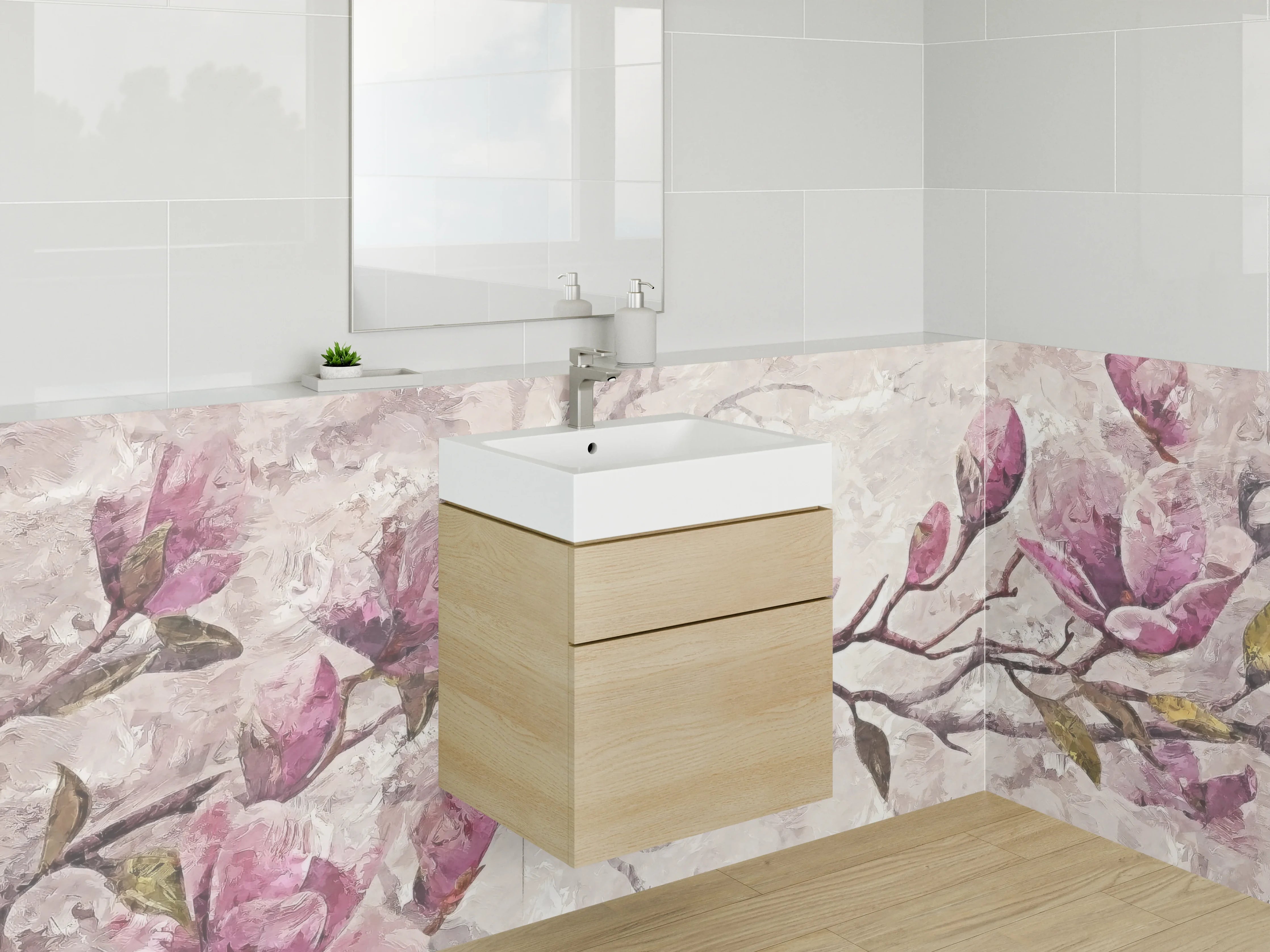Waschbecken-Rückwand - Magnolienzweig Aquarell Rosa Beige