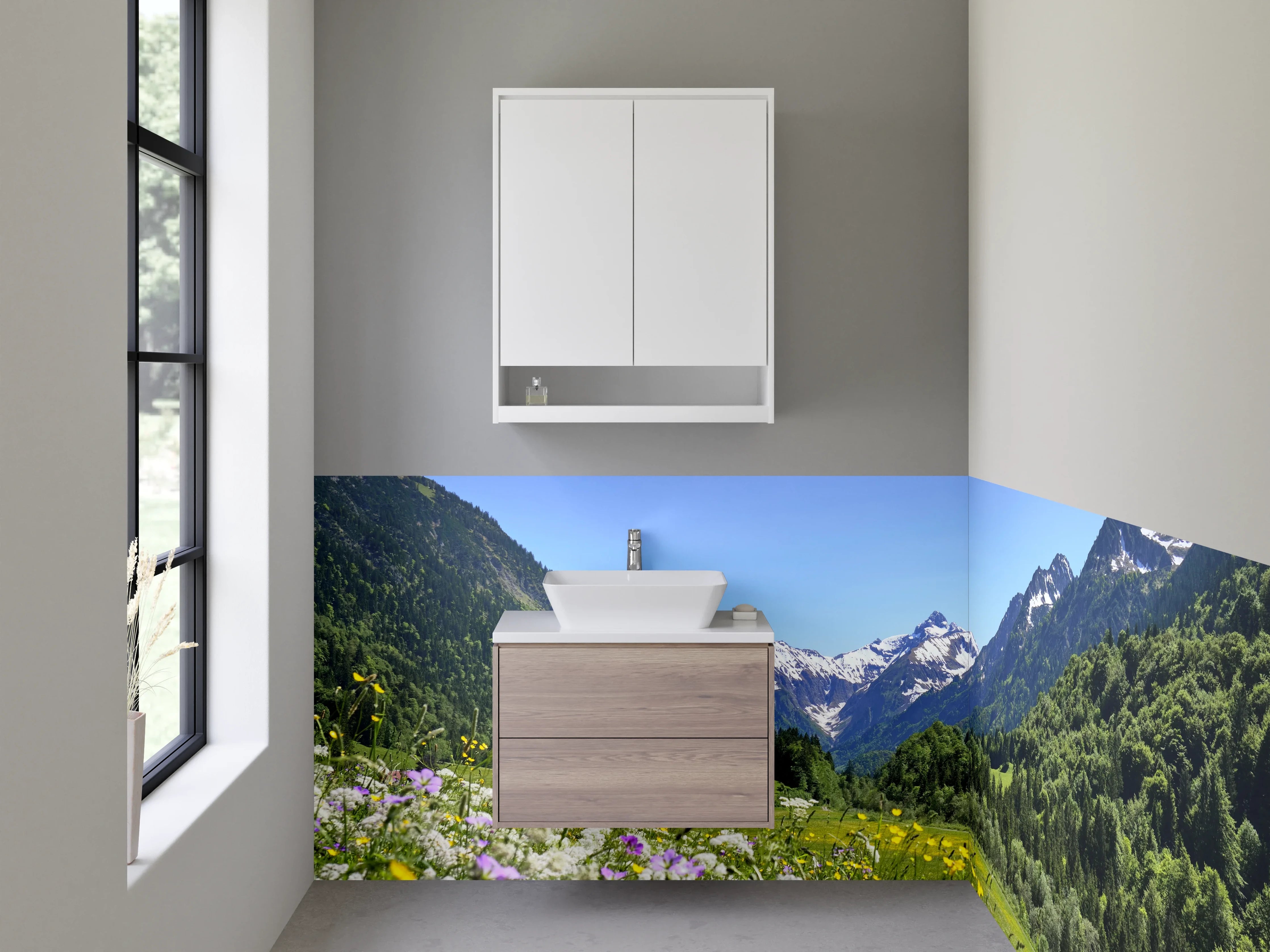 Waschbecken-Rückwand - Majestätische Alpenlandschaft im Frühling