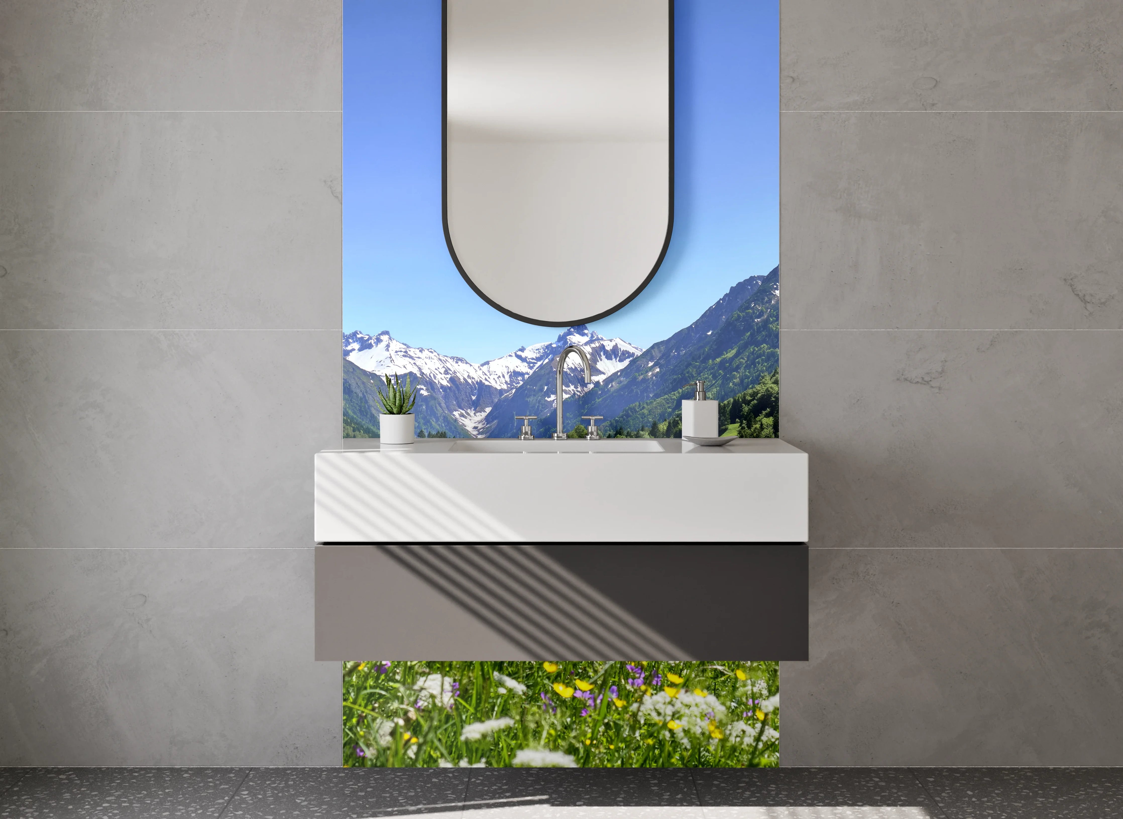 Waschbecken-Rückwand - Majestätische Alpenlandschaft im Frühling