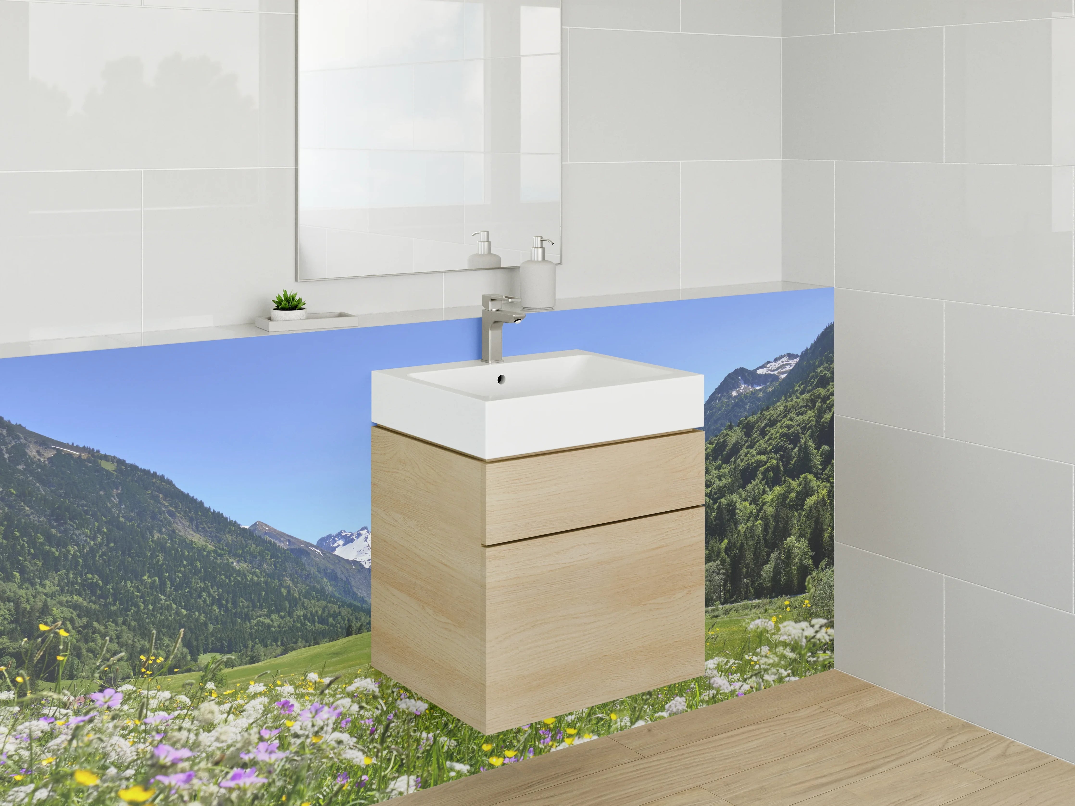 Waschbecken-Rückwand - Majestätische Alpenlandschaft im Frühling