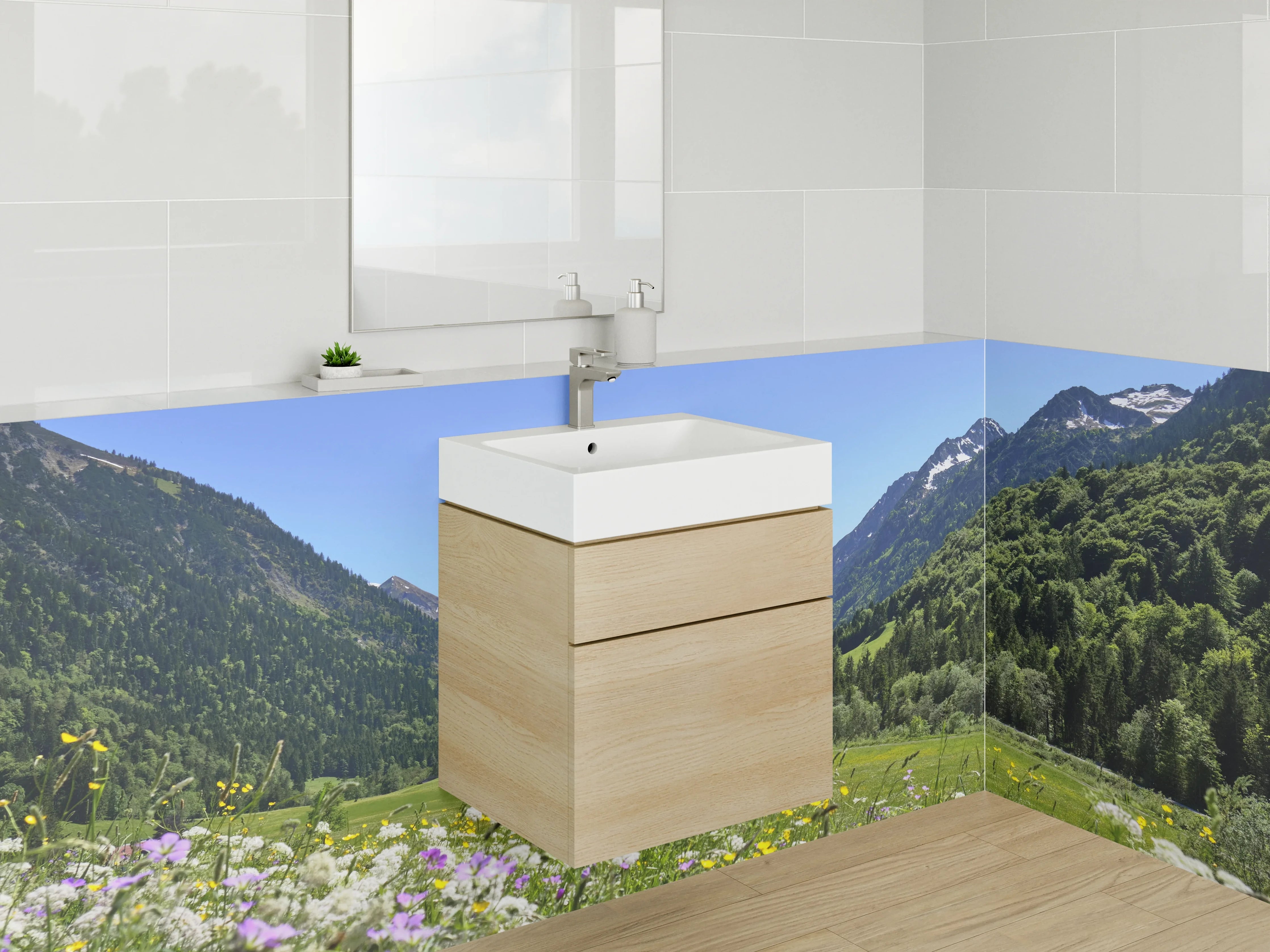 Waschbecken-Rückwand - Majestätische Alpenlandschaft im Frühling