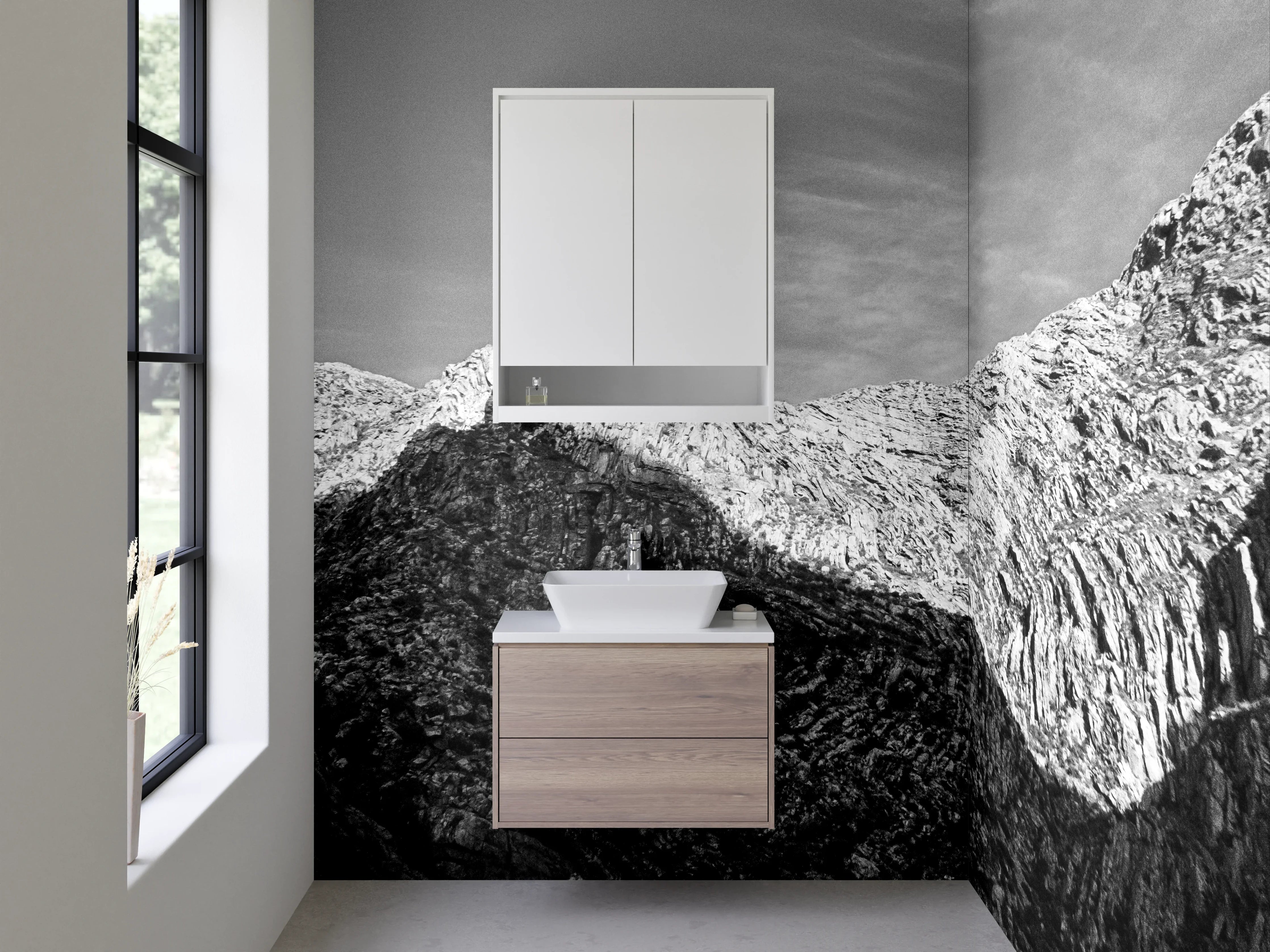 Waschbecken-Rückwand - Majestätische Bergkulisse in Schwarz-Weiß