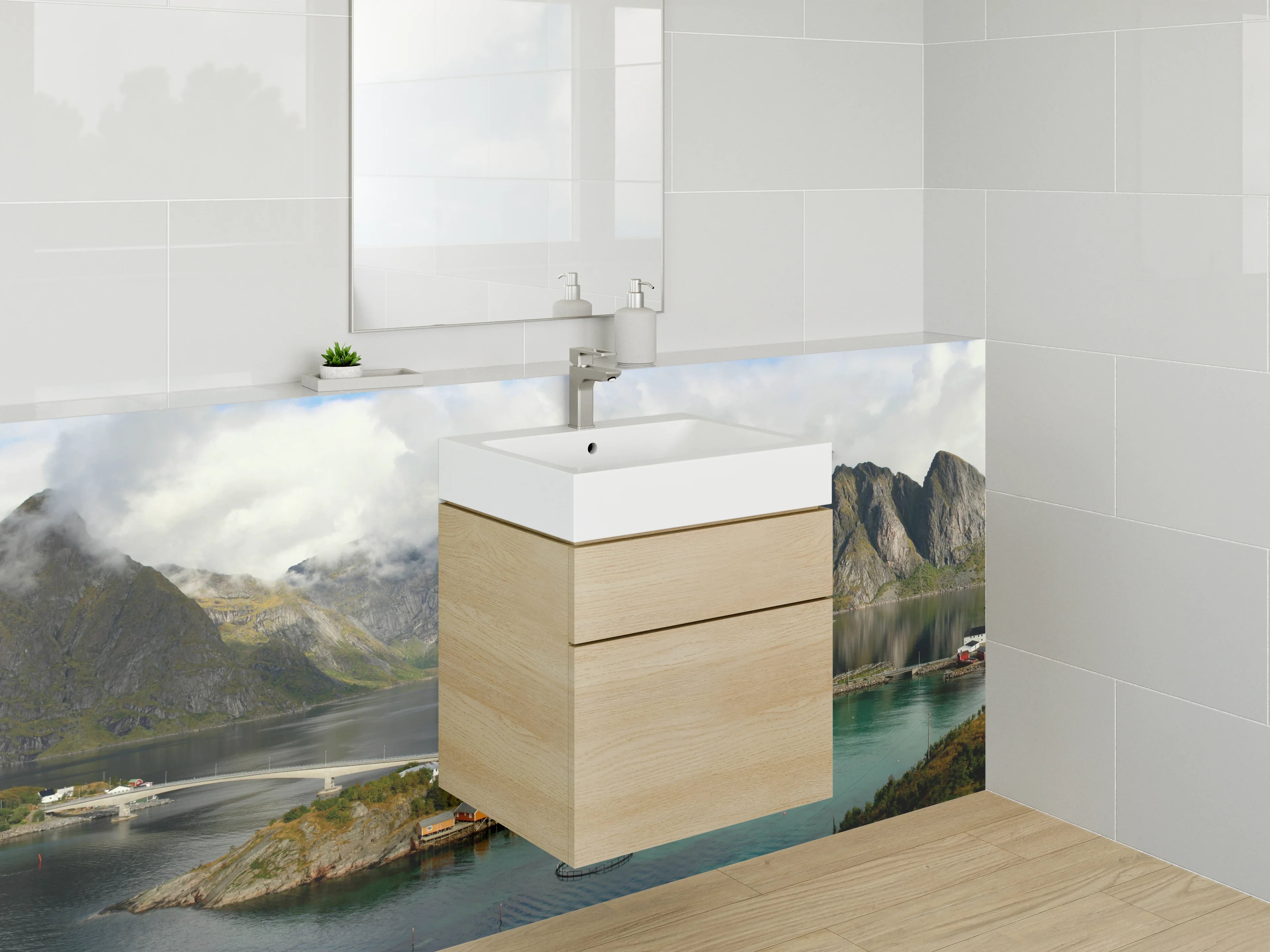 Waschbecken-Rückwand - Majestätische Berglandschaft am Fjord