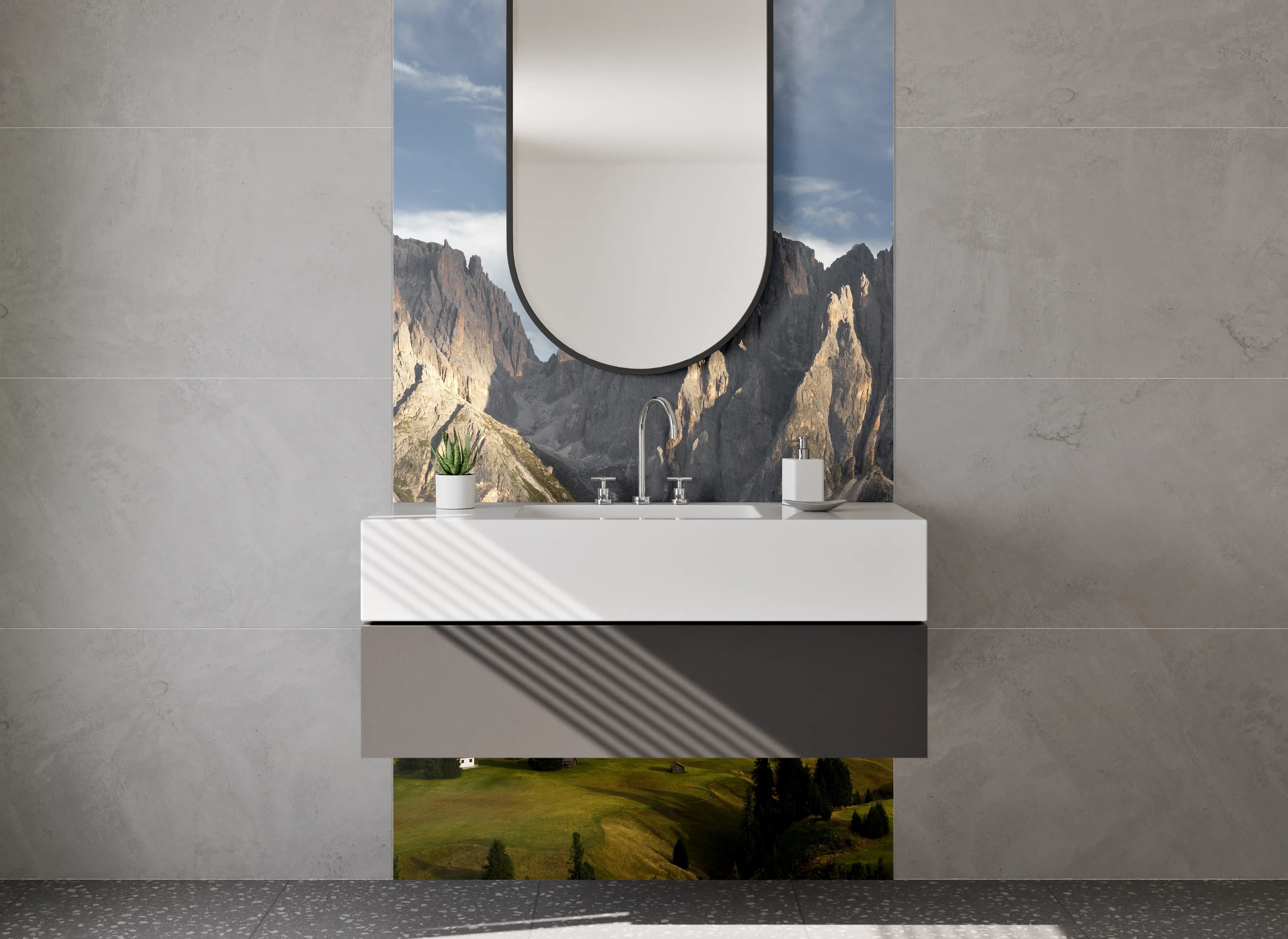 Waschbecken-Rückwand - Majestätische Bergwelt im Sonnenlicht